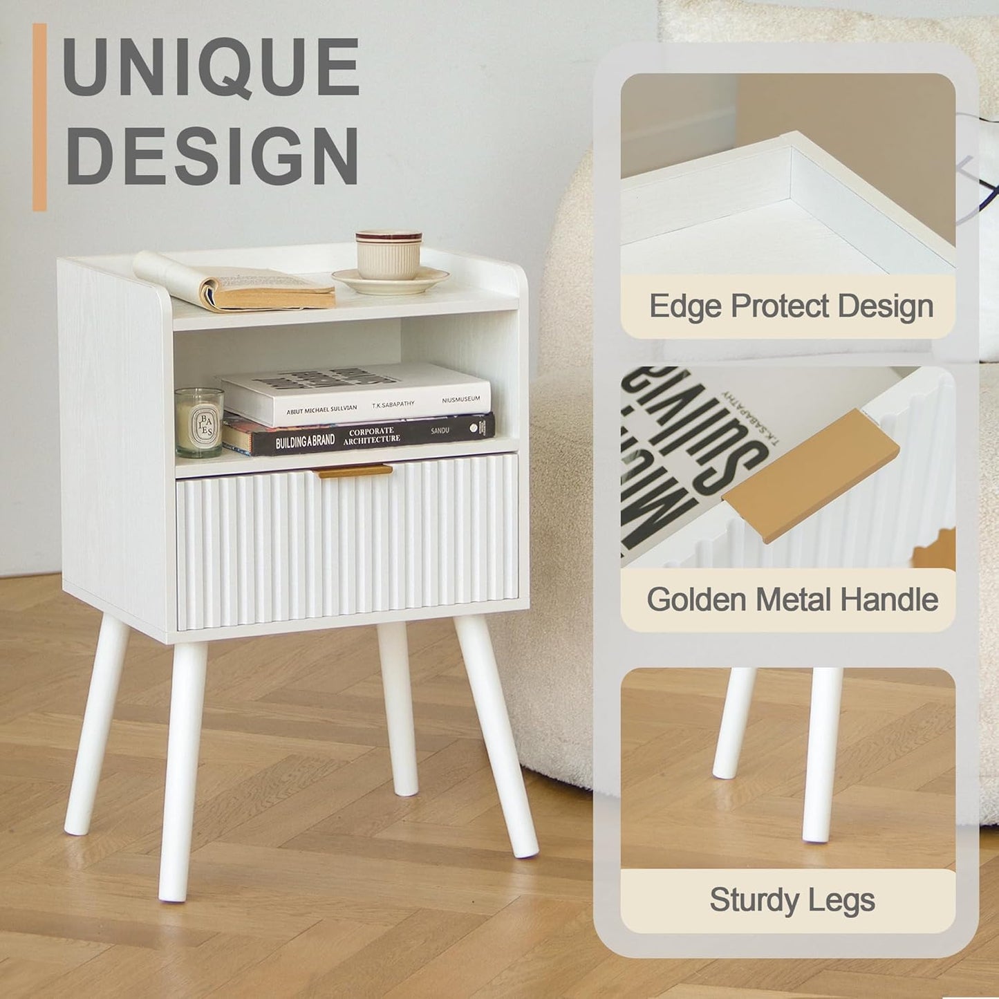 AWASEN White Nightstand, Modern Bedside Table with Fluted Drawers, Small Night Stand Bed Side Table with Solid Wood for Living Room, Bedroom, Office and Small Space (White)