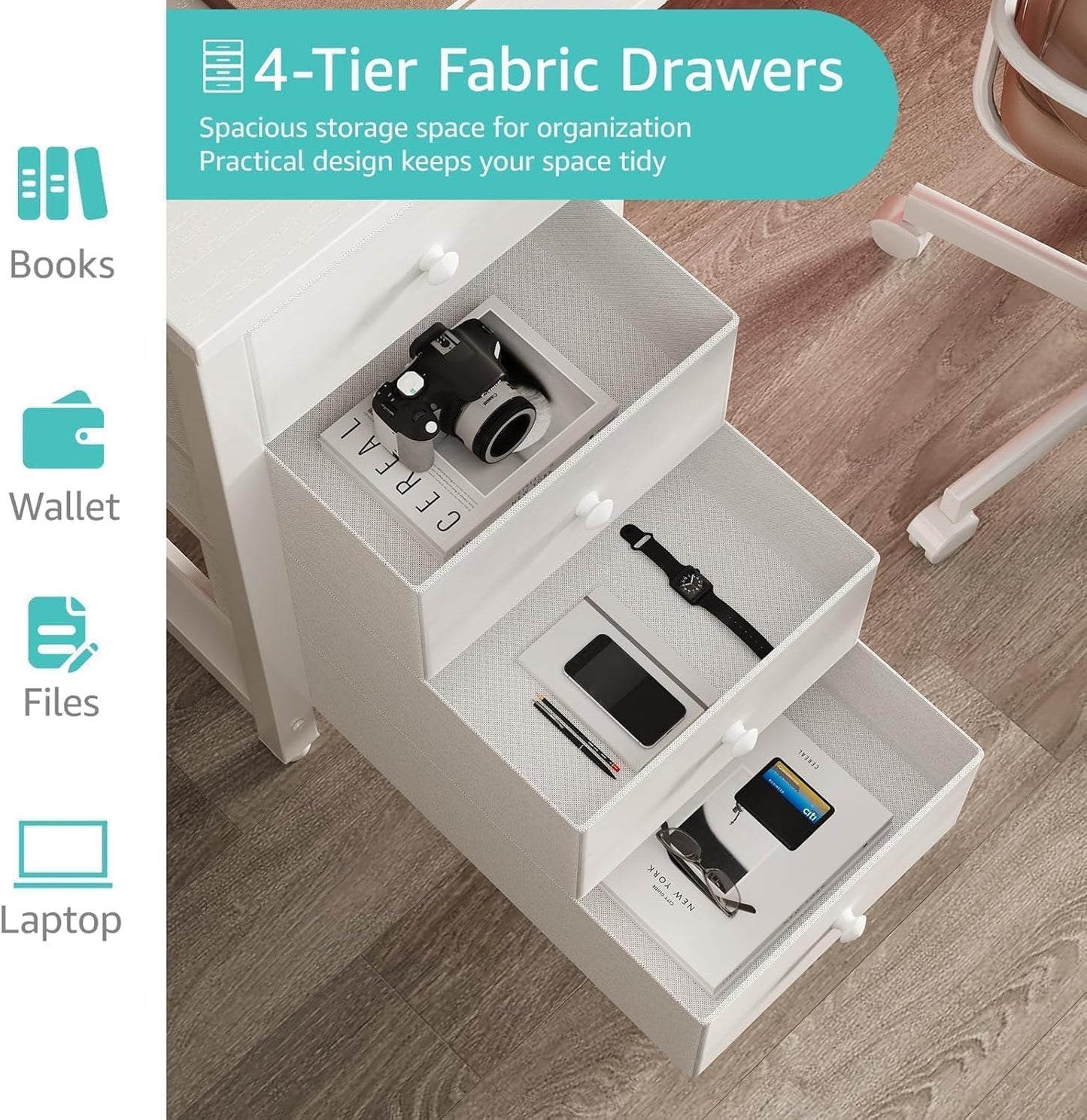 Lufeiya White Computer Desk with Drawers - 55 Inch Long Study Work Writing Desk for Home Office Bedroom, Reversible Simple Modern Cute PC Desks with Fabric Drawer, White