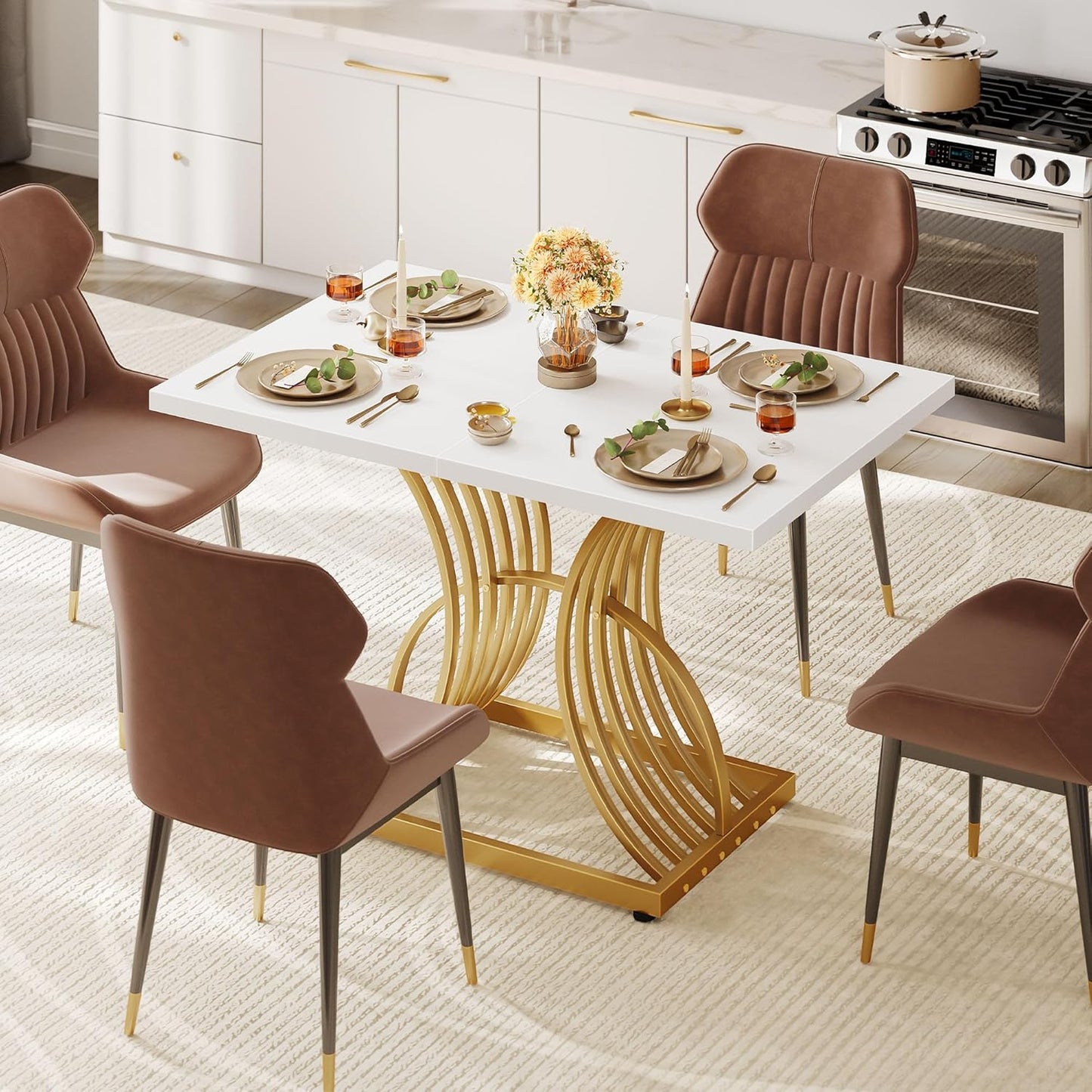 DWVO Modern Dining Table for 4 People 47 Inch Rectangular Kitchen Table with White Tabletop and Gold Geometric Legs Small Dinner Table Kitchen & Dining Room Furniture White & Gold