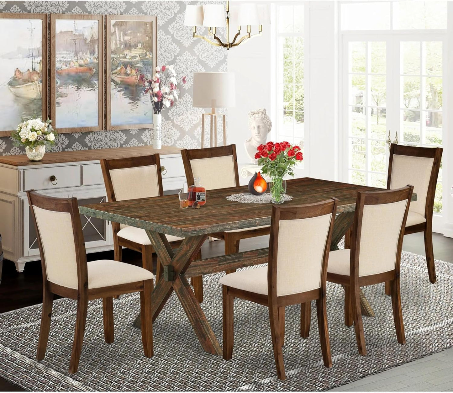 East West Furniture X777MZN32-7 7 Piece Kitchen Table Set Consist of a Rectangle Dining Table with X-Legs and 6 Light Beige Linen Fabric Parson Dining Chairs, 40x72 Inch, Multi-Color