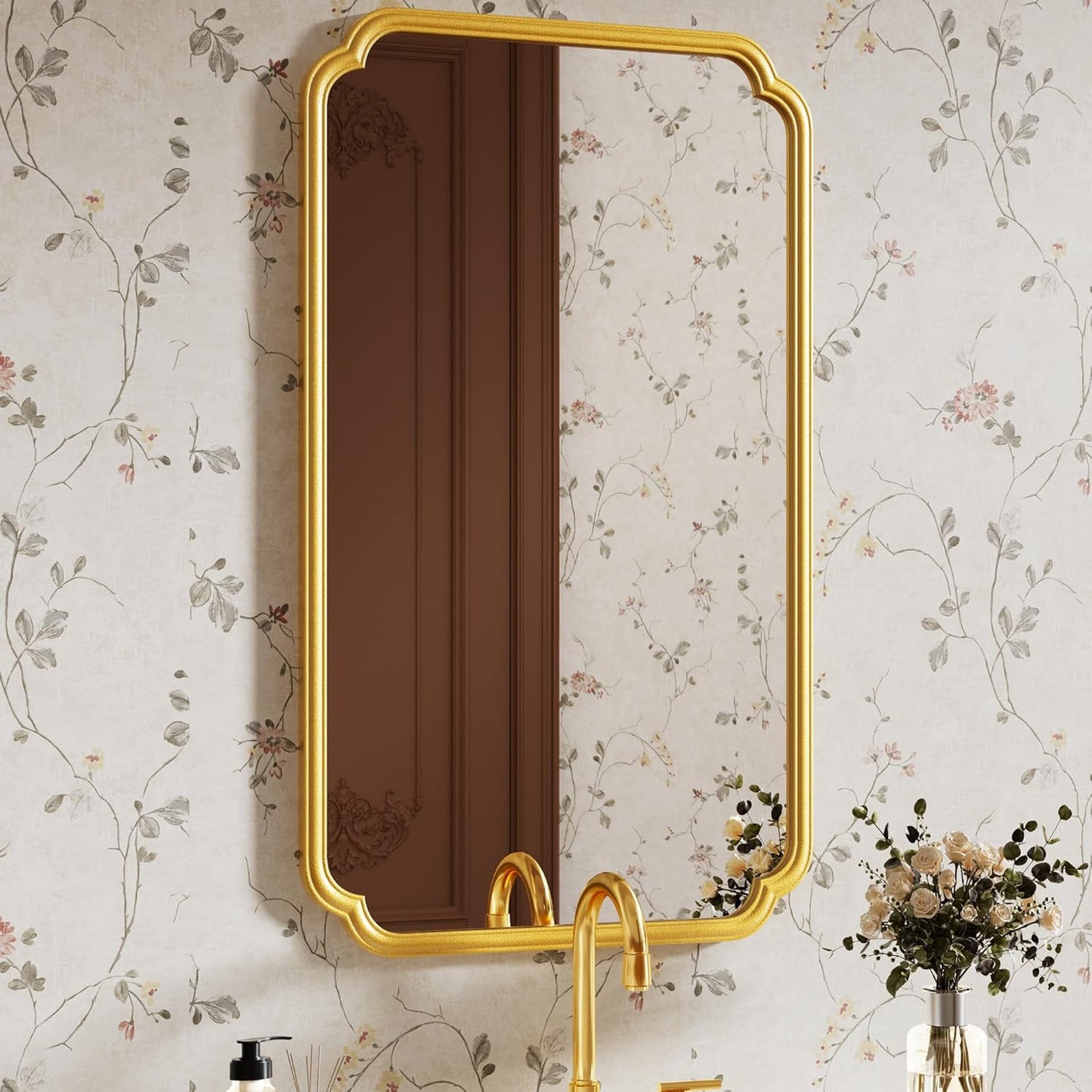 26"x40" Rustproof Bathroom Mirror Gold, Round Corner Metal Frame Wall Mirror, Horizontal/Vertical Hanging Over Sink, Bedroom Bathroom Decor