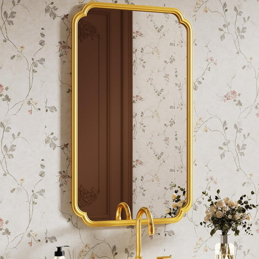 26"x40" Rustproof Bathroom Mirror Gold, Round Corner Metal Frame Wall Mirror, Horizontal/Vertical Hanging Over Sink, Bedroom Bathroom Decor