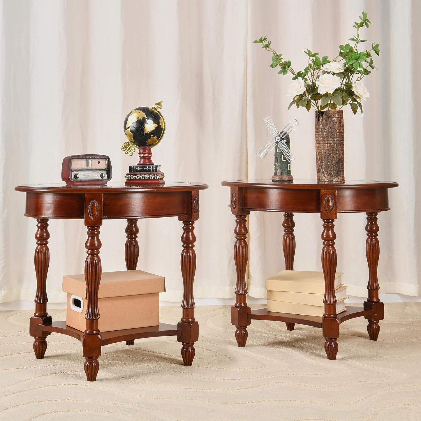 LEEMTORIG Oval Round Glass End Table, 2-Tier Solid Wood Glass Top End Side Tables, Traditional Victorian Nightstand for Bedroom Living Room Office, 28" W x 22" D x 24.2" H, Cherry Walnut CJZ-1533-GT