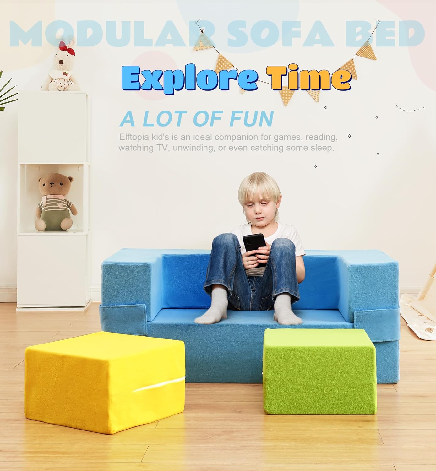 Modular Kids Sofa,Toddler Couch Foam Armchair for Kids,Children Convertible Plush Sofa Play Set,Fold Out SofaBed(Dynami Color)