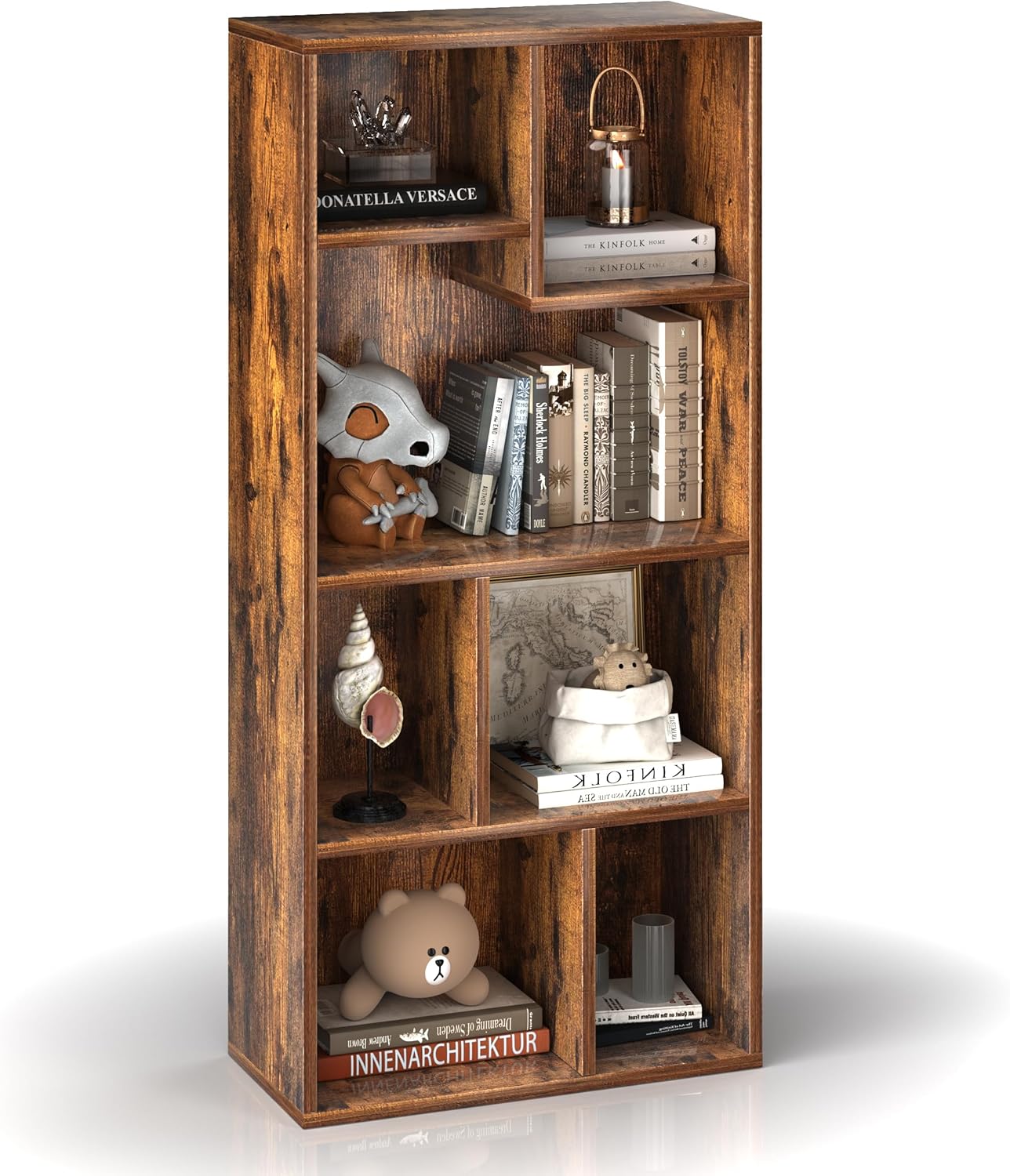 VECELO 4-Tier Modern Bookcase, 42 Inch High Storage Cabinet with Height Difference Shelves for Standard Textbooks, Floor Standing Display, 7 Cubes, Horizontal Avaiable, Easy Assembly, Rustic Brown