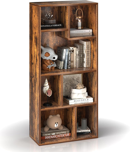 VECELO 4-Tier Modern Bookcase, 42 Inch High Storage Cabinet with Height Difference Shelves for Standard Textbooks, Floor Standing Display, 7 Cubes, Horizontal Avaiable, Easy Assembly, Rustic Brown