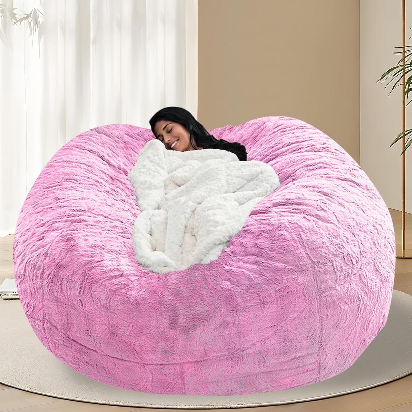 BCU Oversized Bean Bag Cover Comfy Beanbag Chair for Adults Without Filler Faux Fur Lazy Sofa Cover for Living Room Chairs, Pink, 5FT