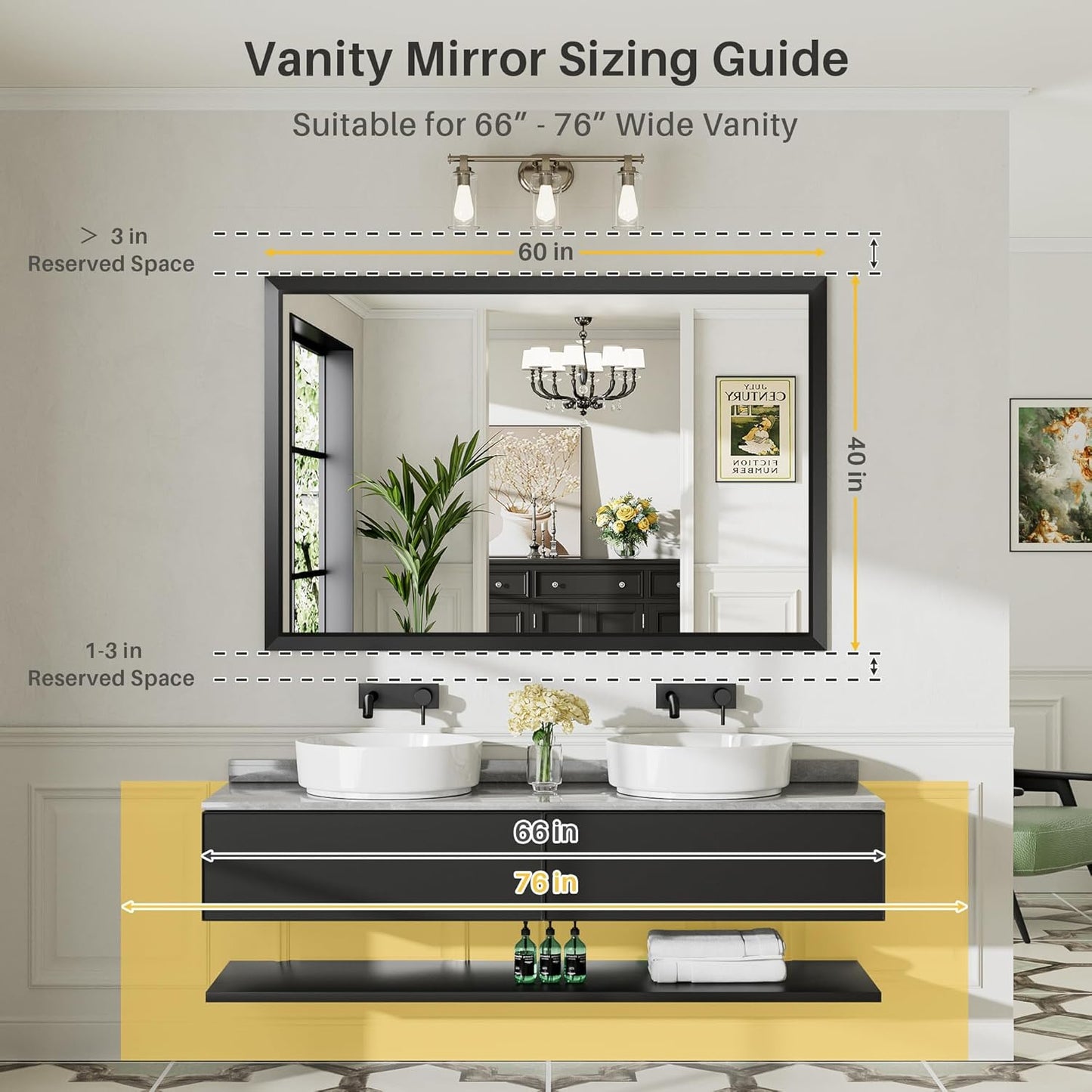 60x40 Inch Black Bathroom Mirror for Wall, Thick Metal Framed Rectangle Mirrors for Over Sink, Bedroom, Living Room, Entryway, Anti-Rust, HD Tempered Glass