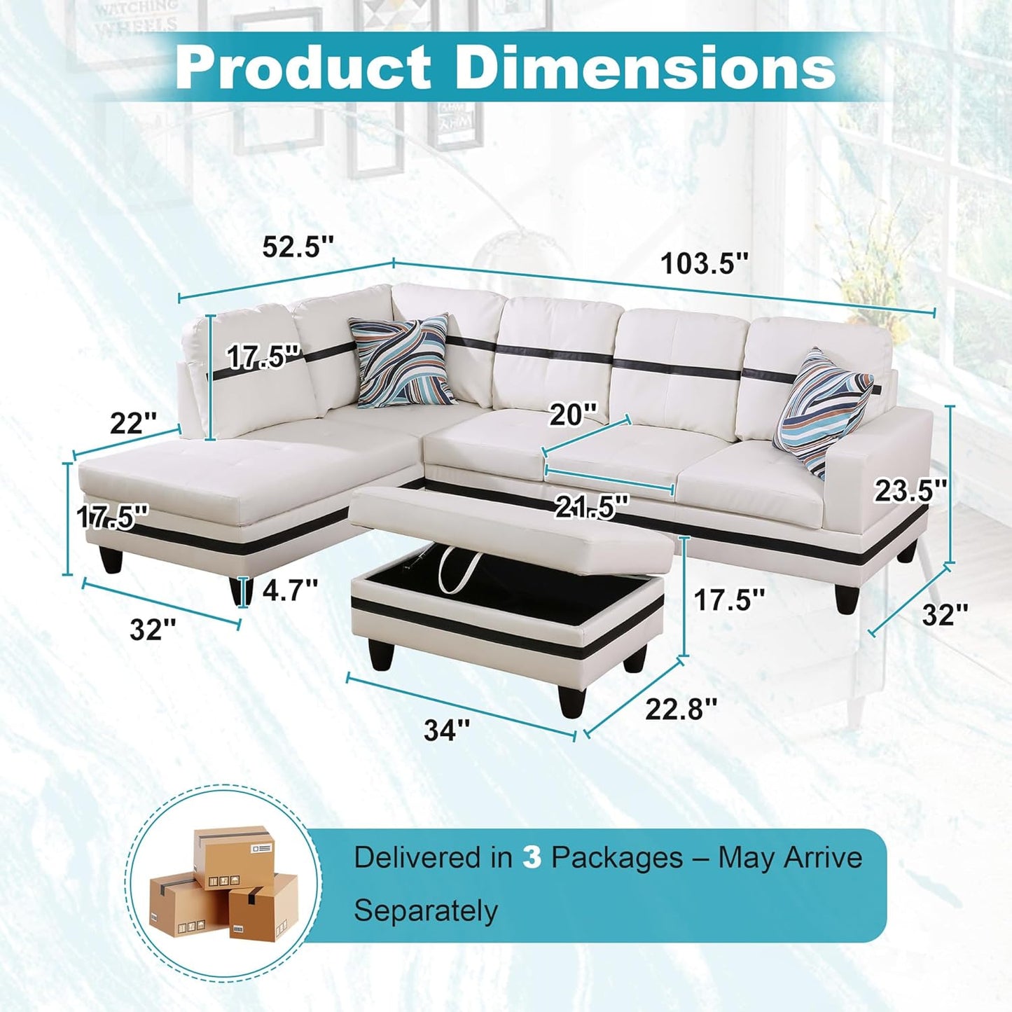 103.5" Oversized Sectional Couch, L Shaped Couch with Storage Ottoman, Modern Modular Sofa with Deep Seat, Sectional Couches for Living Room and Office, White and Black (PU Leather)