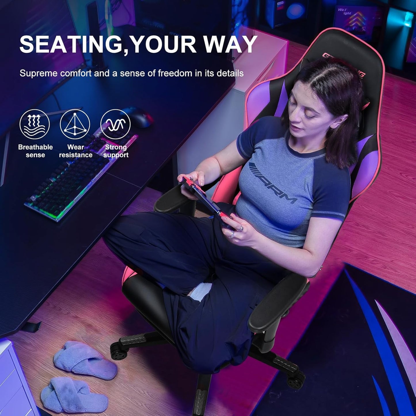 GTRACING Gaming Chair with Footrest, Ergonomic Computer Game Desk Chair, Reclining Gaming Chair Seat Height Adjustment, Swivel Rocker with Headrest and Lumbar (Colorful)