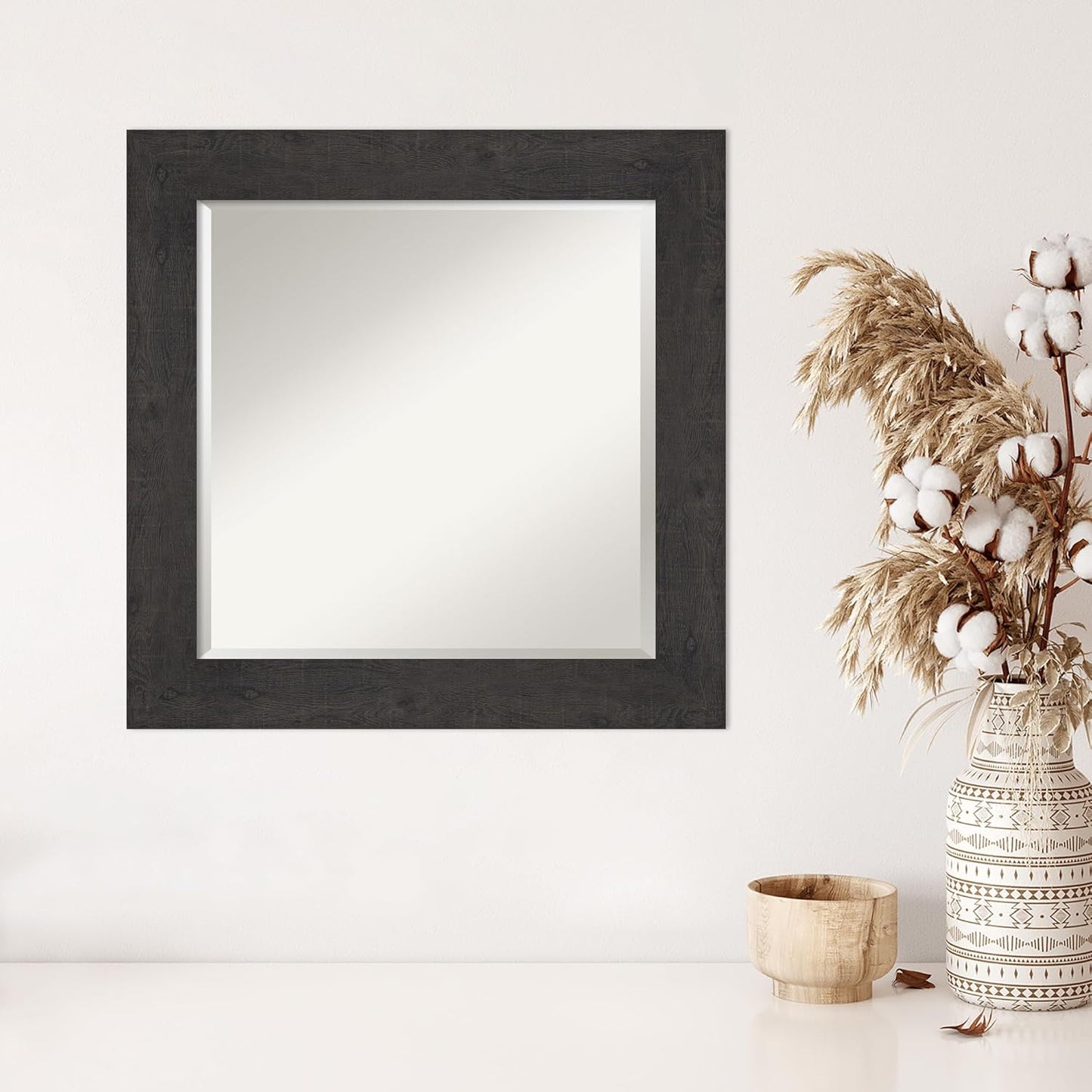 Amanti Art Brown Wall Mirror 26x26 Rustic Plank Espresso Square Bathroom Mirror for Wall Decor Living Room, Medium Country Rustic Frame, Hangs Horizonally and Vertically, Bathroom Decor, Beveled Edge