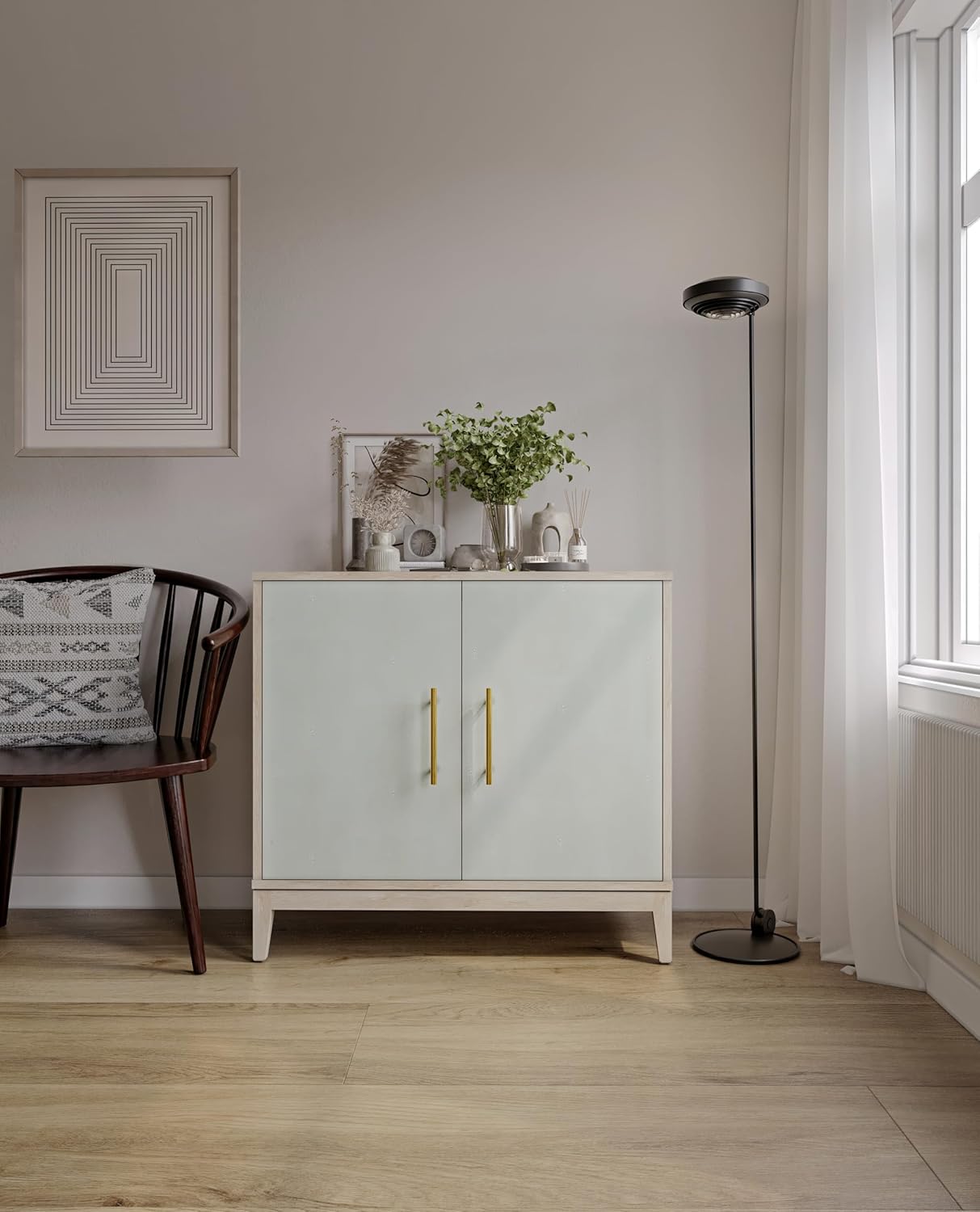 Sango Shagreen 2-Door Cabinet, Natural Finish Storage Cabinet with Faux Shagreen Texture, Brass Handle, Adjustable Shelf, Timeless Luxury Design, Versatile Furniture for Living Room or Dining Room