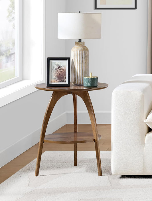 Martin Svensson Home Round Wood Walnut Brown 20" Living Room End Side Accent Table Nightstand with Storage Shelf