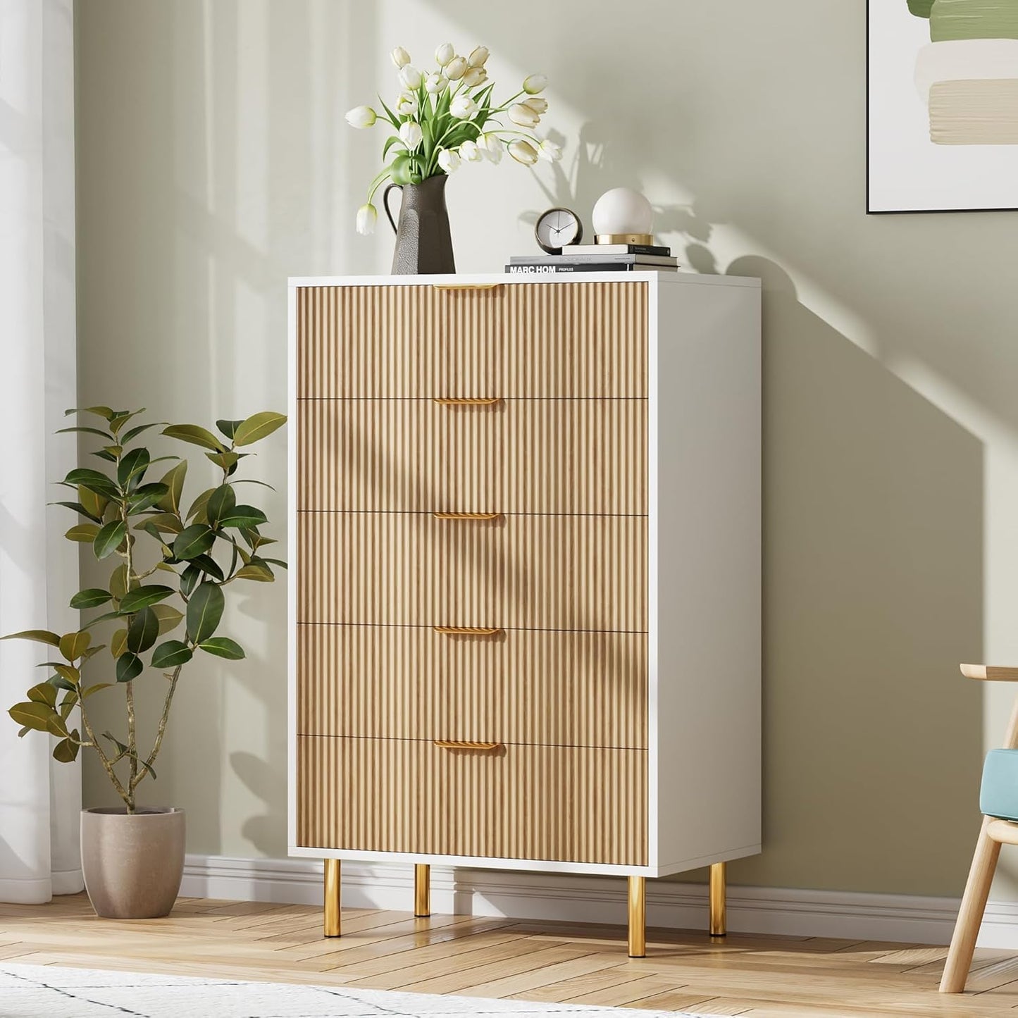 Natural Dresser, Modern 5 Drawer Dresser for Bedroom with Gold Handle and Large Drawer, Wood Double Chest of Drawers and Storage Organizer for Living Room, Hallway, Entryway