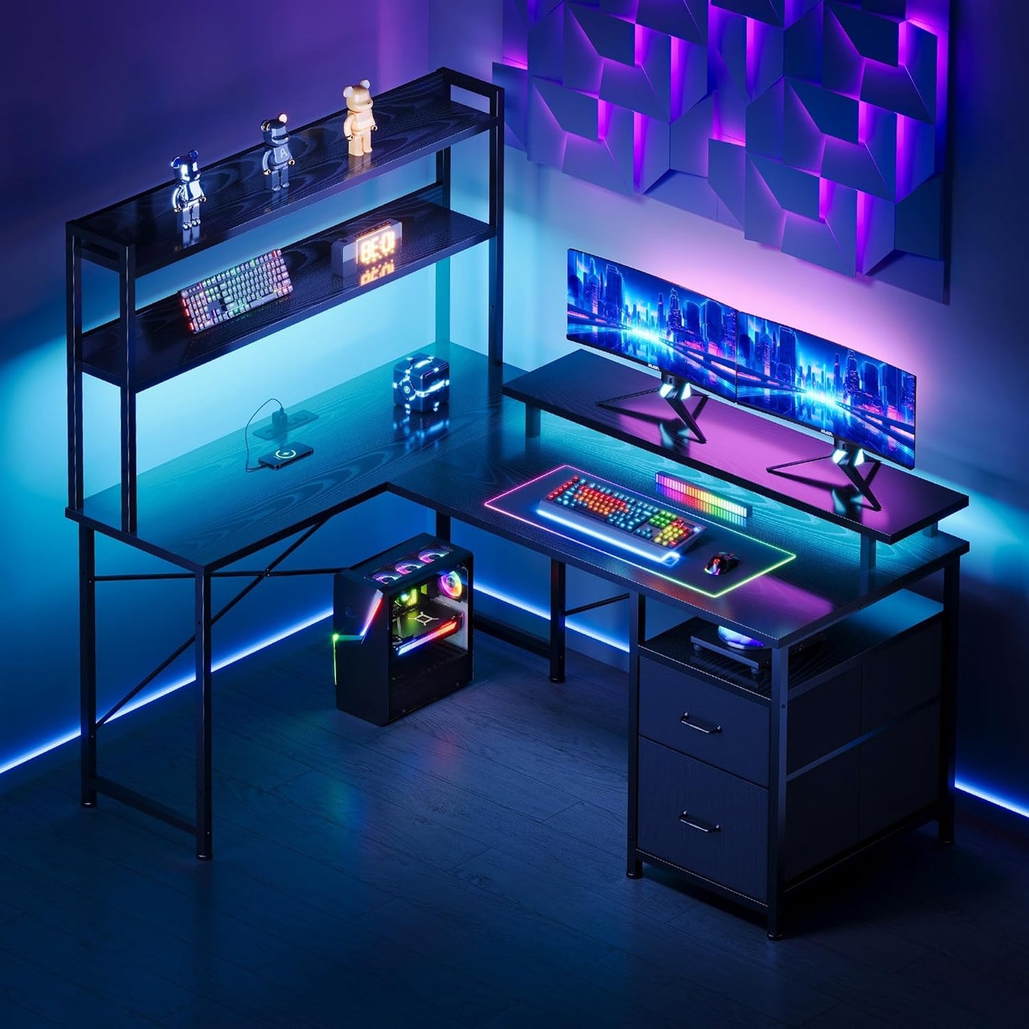 L Shaped Gaming Desk with Shelves,Reversible Computer Gaming Desk with LED Lights and Charging Station,Home Office Corner Desk with Monitor Stand,Black