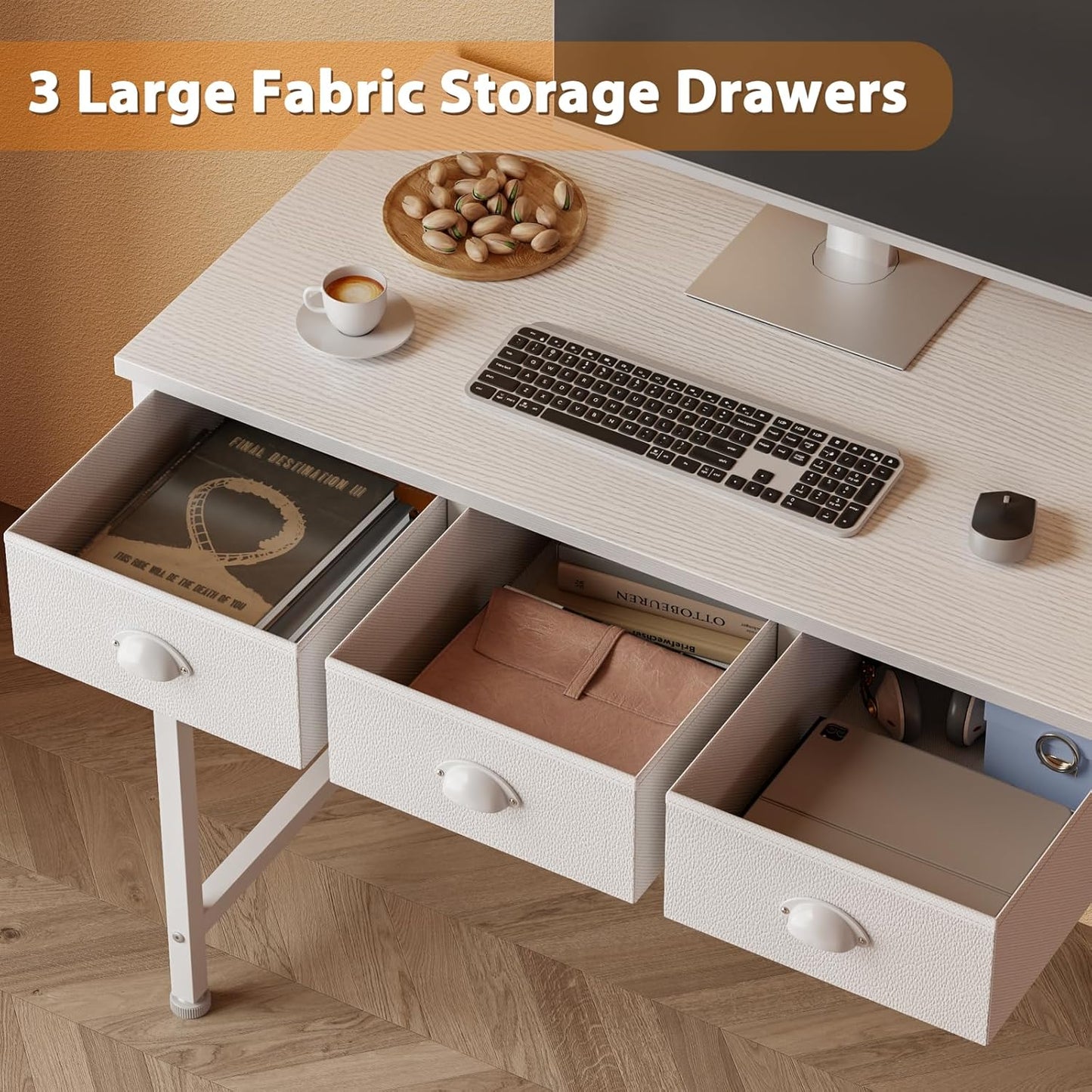 Furologee White Small Computer Desk with 3 Fabric Drawers,40 Inch Simple Table Home Office Writing,Vanity Desk with Hooks, Study Desk for Bedroom Small Spaces