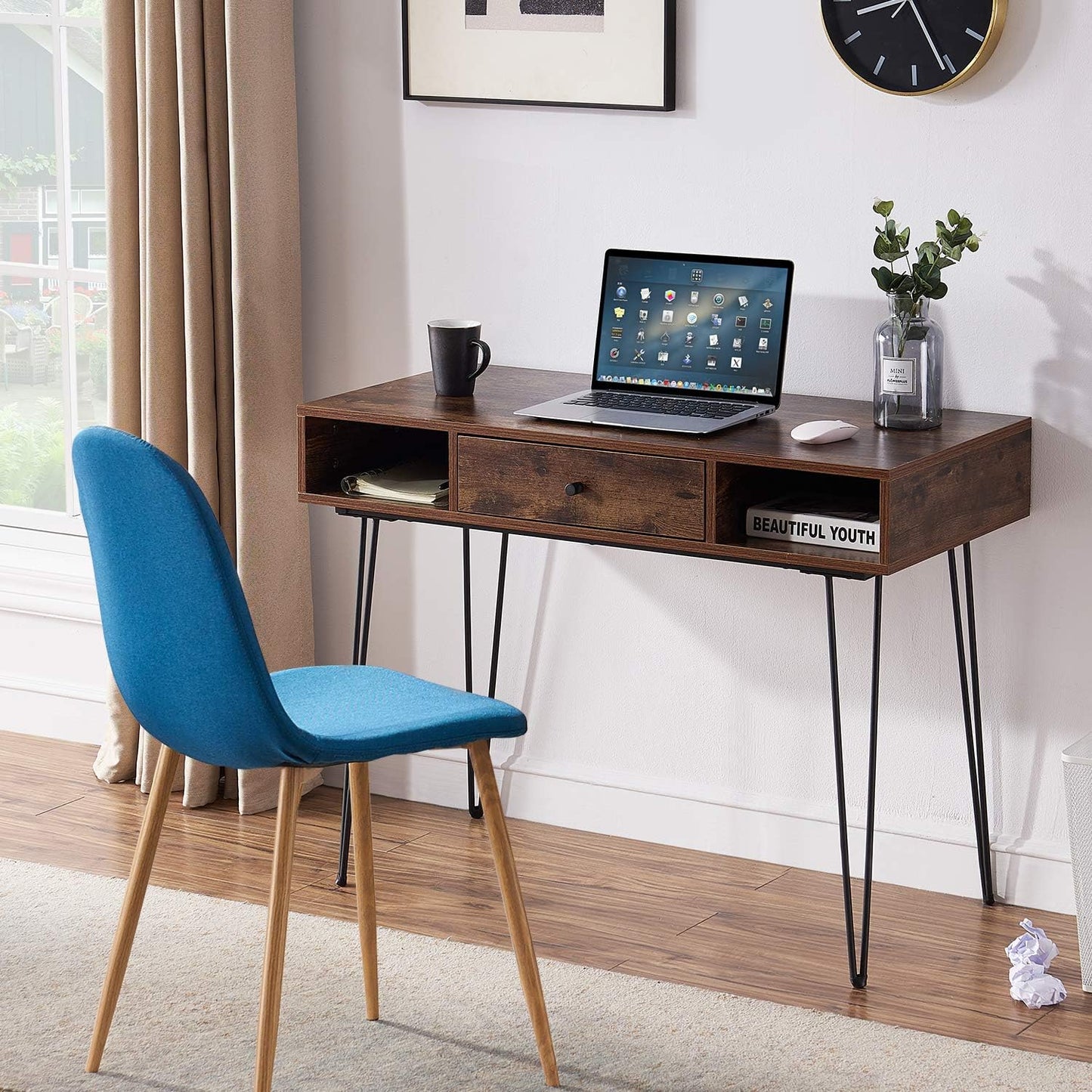 VECELO 39.3" Home Office Work Table with Drawers Computer Desk Writing/Study, 39 Inch Hairpin Legs, Retro Brown