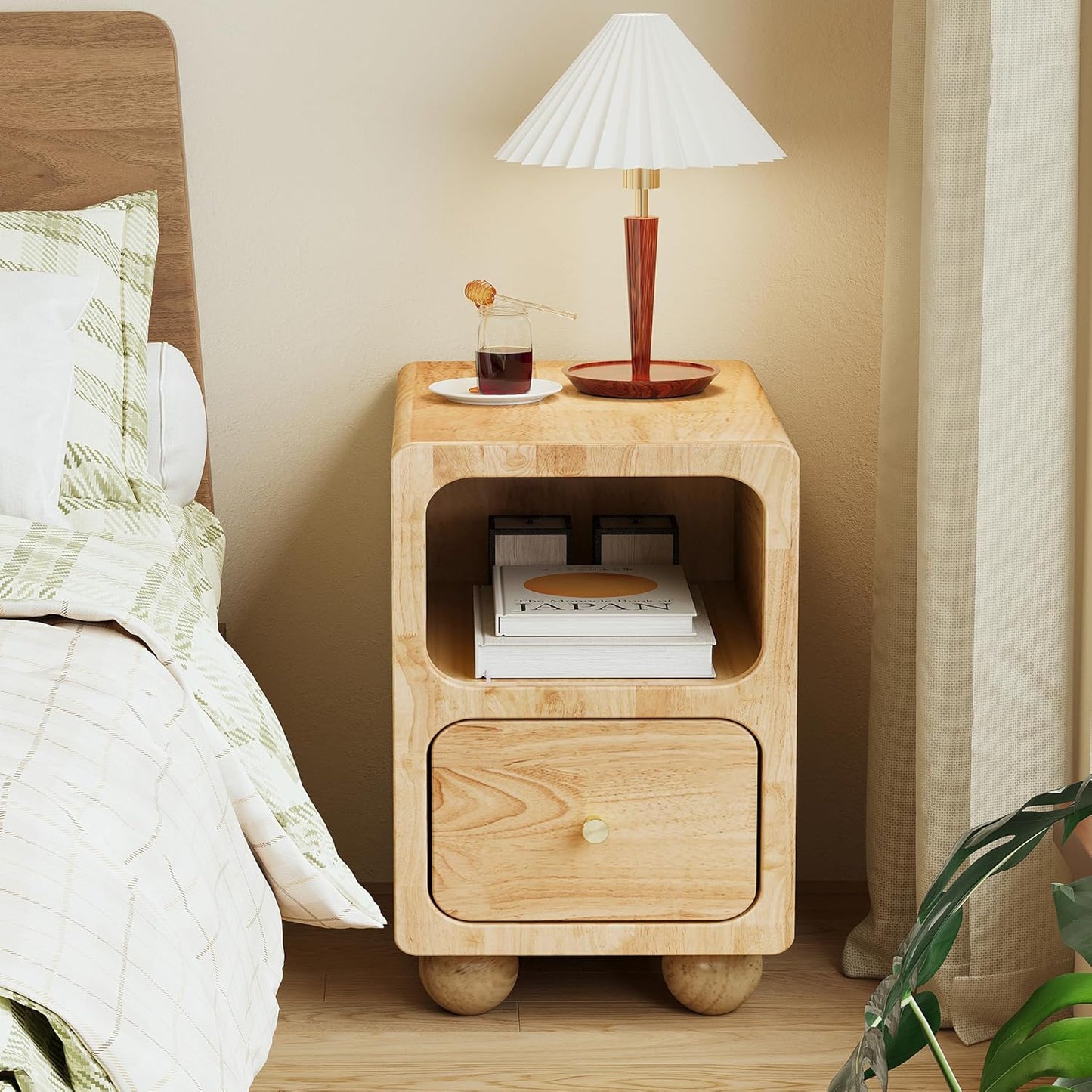 Solid Wood Night Stand, Narrow Night Stand with Drawers, Natural Mid Century Modern Nightstand, Small Beside Table with Open Storage Shelf for Bedroom (12 inch)