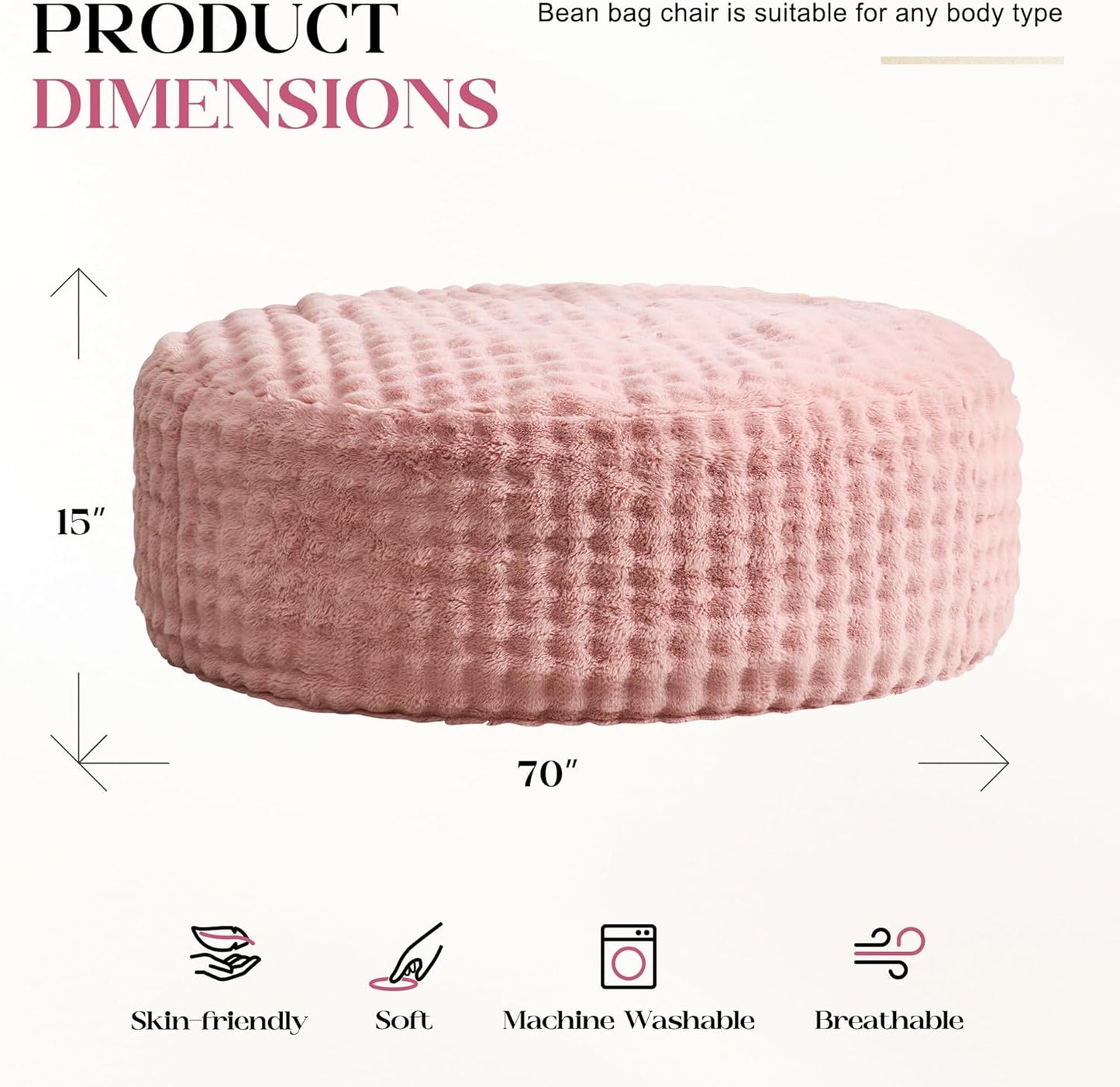 Hobestluk Bean Bag Chairs 6ft Beanbag Chair with Filler Adult Bean Bags with Fluffy & Machine Washable Cover, Giant Bean Bag Chairs for Aduts (Pink, 6FT-70" x 70" x 15")