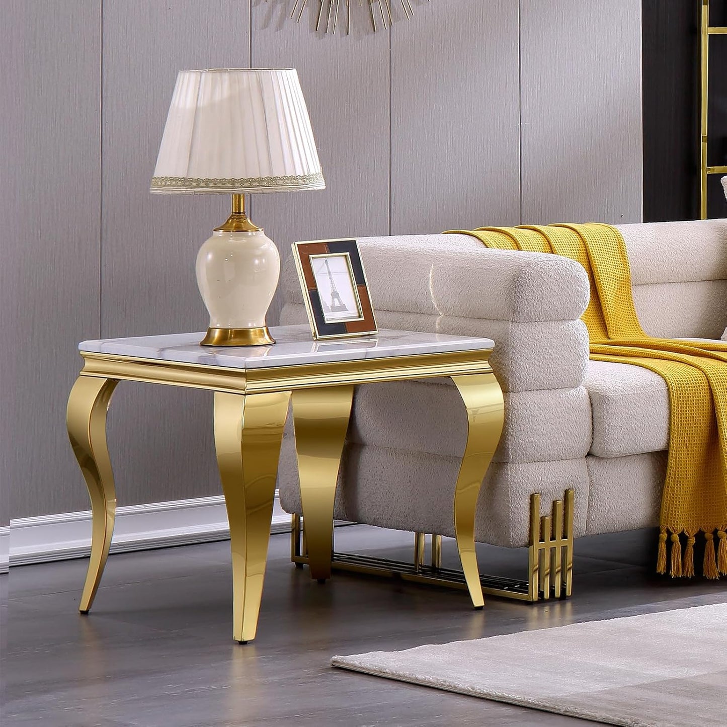 End Table, White and Gold Side Table for Living Room, Bedroom, Glam Stable End Table with Square White Top and Polished Gold Cabriole Legs, Set of 4
