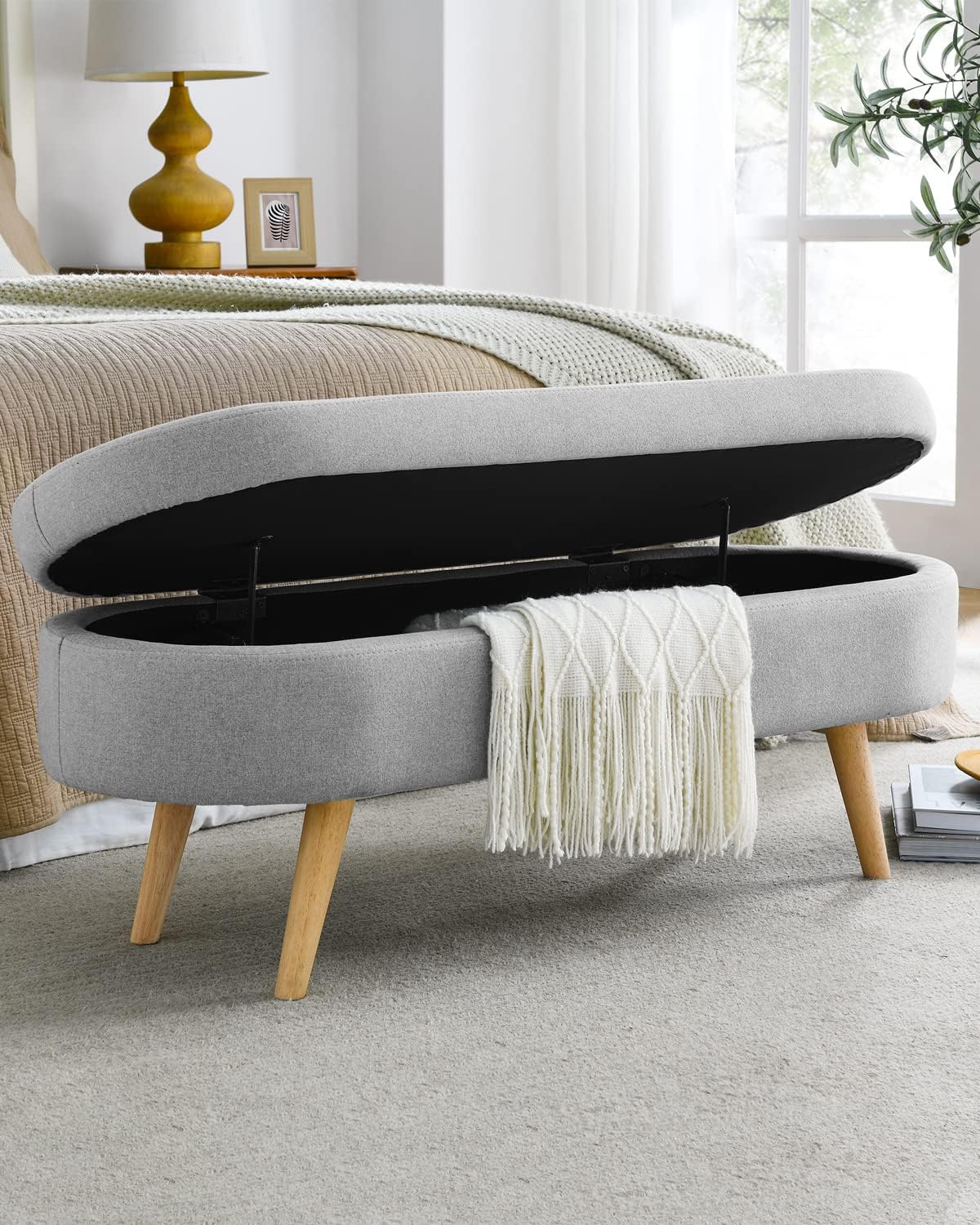 Oval Storage Bench 43.5" Linen Fabric Upholstered Entryway Bench with Solid Wood Legs Ottoman Bench Indoor Bench for Living Room/Bedroom/End of Bed/Entryway (Grey)