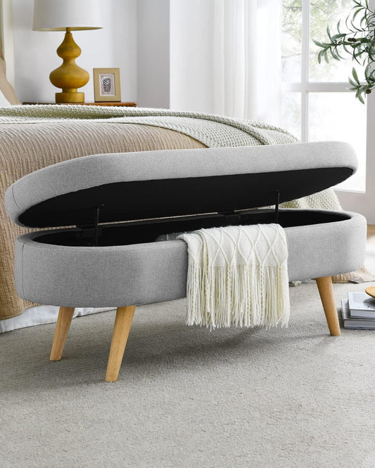 Oval Storage Bench 43.5" Linen Fabric Upholstered Entryway Bench with Solid Wood Legs Ottoman Bench Indoor Bench for Living Room/Bedroom/End of Bed/Entryway (Grey)