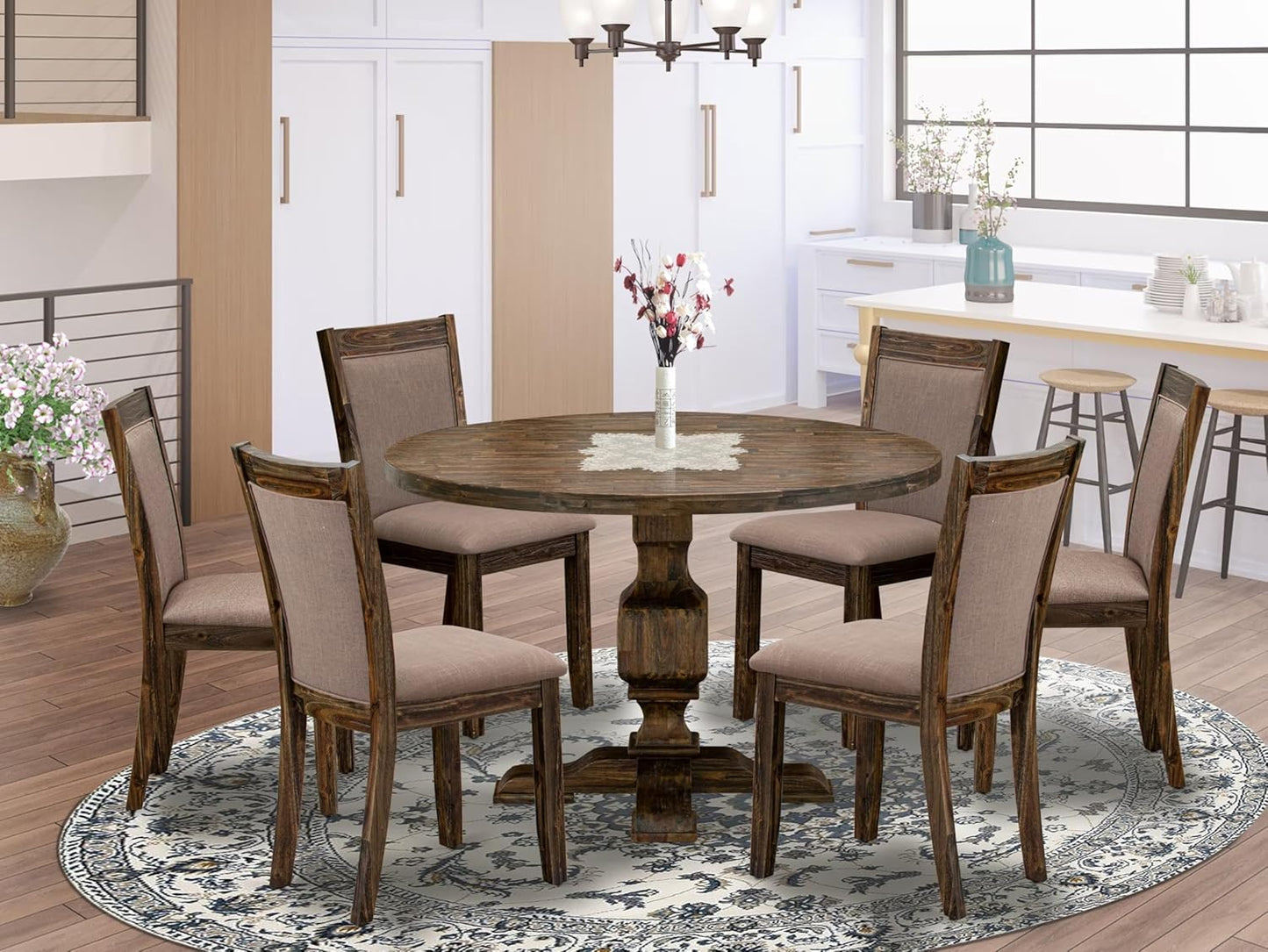 East West Furniture I3MZ7-748 7 Piece Dining Room Table Set Consist of a Round Dining Table with Pedestal and 6 Coffee Linen Fabric Upholstered Chairs, 48x48 Inch, Distressed Jacobean