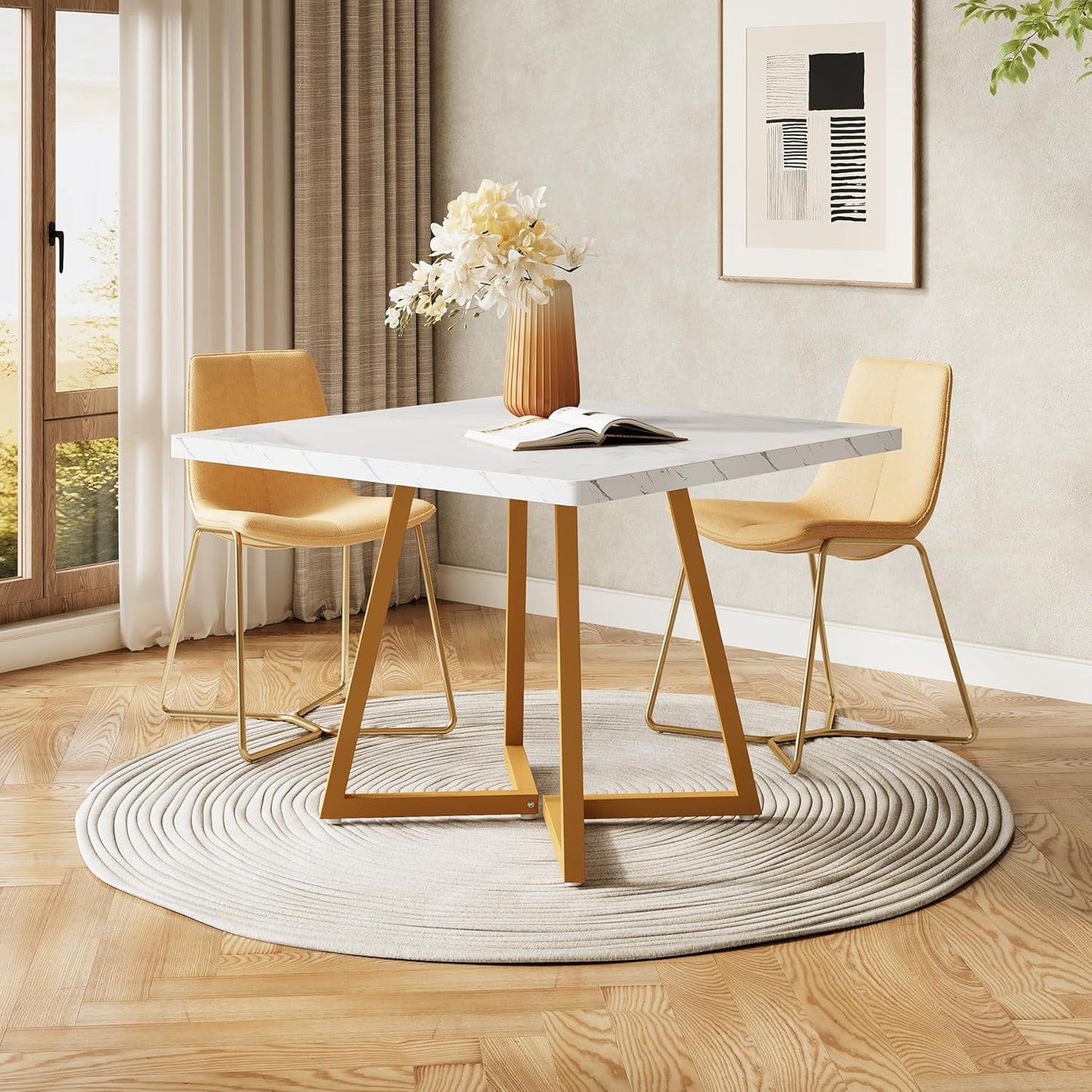 LITTLE TREE 31.5 Inches Small Dining Table for 4, Square Dinner Table for Small Space, Dining Room Tables, White Gold Wooden Kitchen Table with Metal Legs, Modern Leisure Cafe Table for Apartment