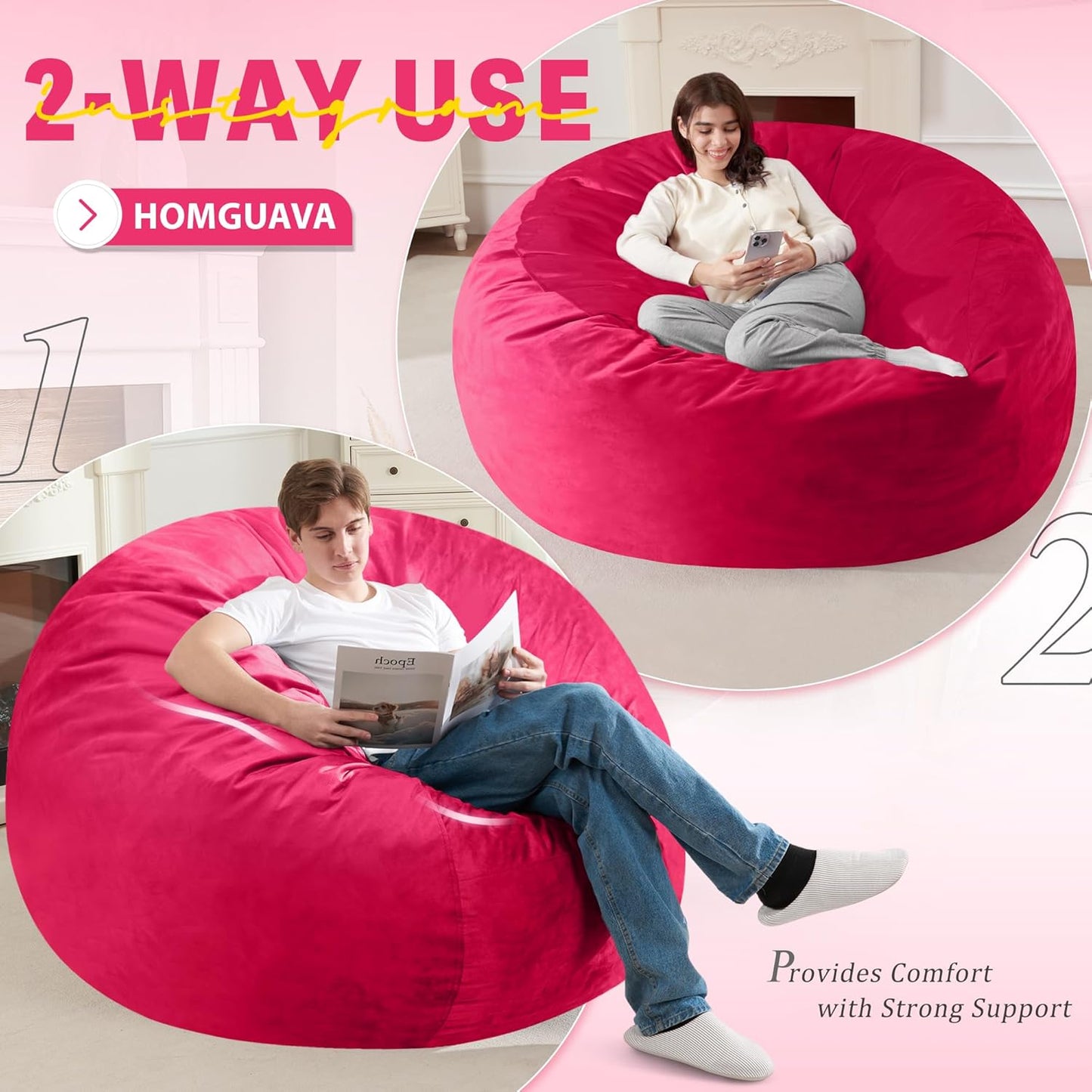 Homguava 6 FT Bean Bag Chair: 6' Bean Bags with Memory Foam Filled, Large Beanbag Chairs Soft Sofa with Dutch Velvet Cover-Pink