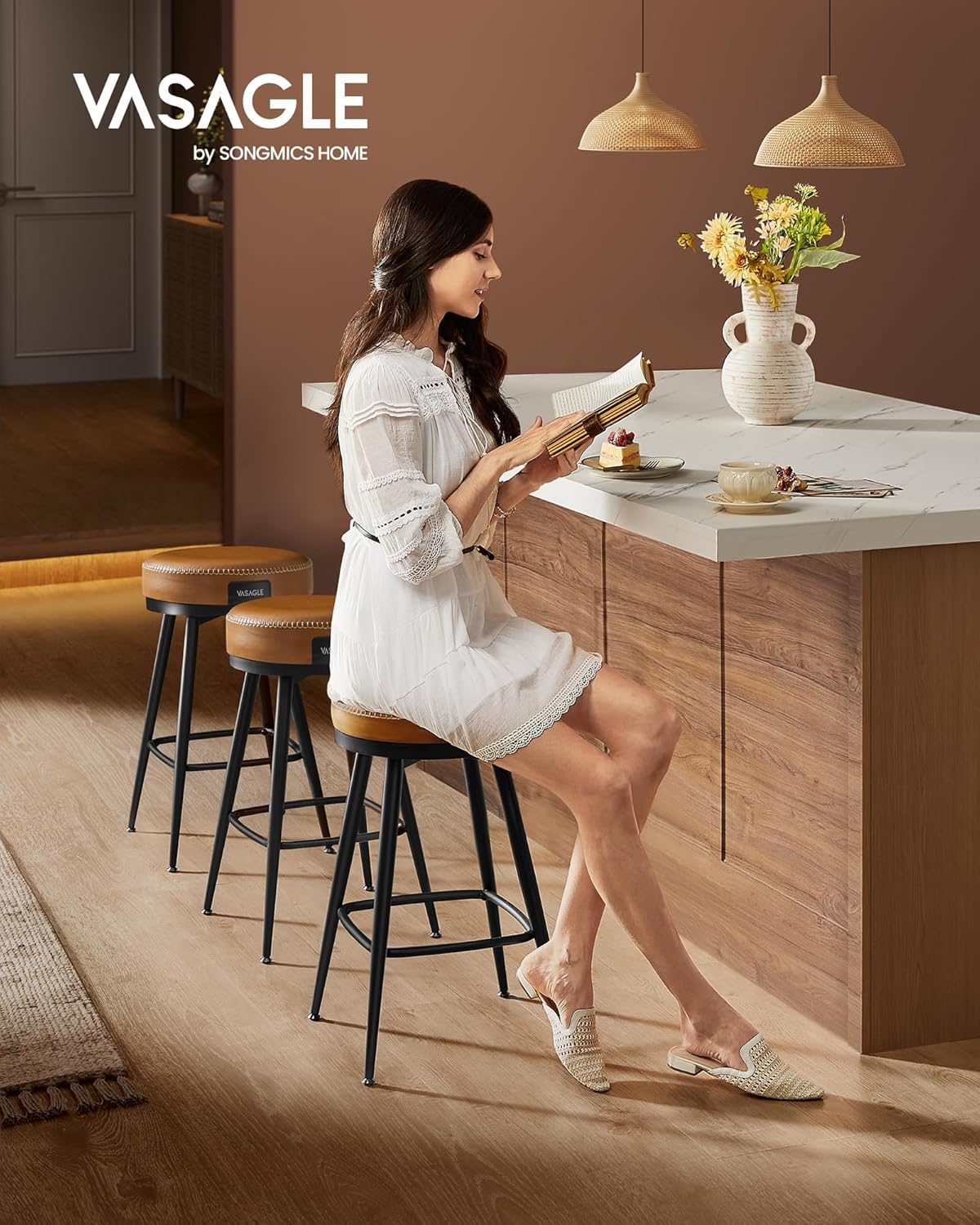 VASAGLE EKHO Collection - Swivel Bar Stools Set of 2, Counter Height Backless Bar Stools, Synthetic Leather with Stitching, Mid-Century Modern, 25.6-Inch Tall Kitchen Barstools for Home, Caramel Brown