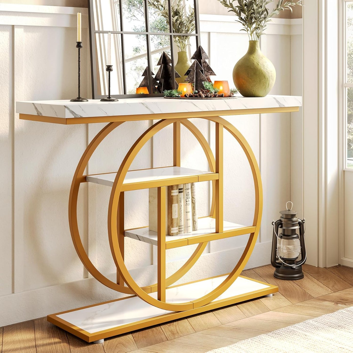 LITTLE TREE Console Table, 4-Tier Entryway Table Behind Couch Table, 41.3-Inch Modern Sofa Table for Living Room, Foyer Hallway Table for Entrance, White and Gold