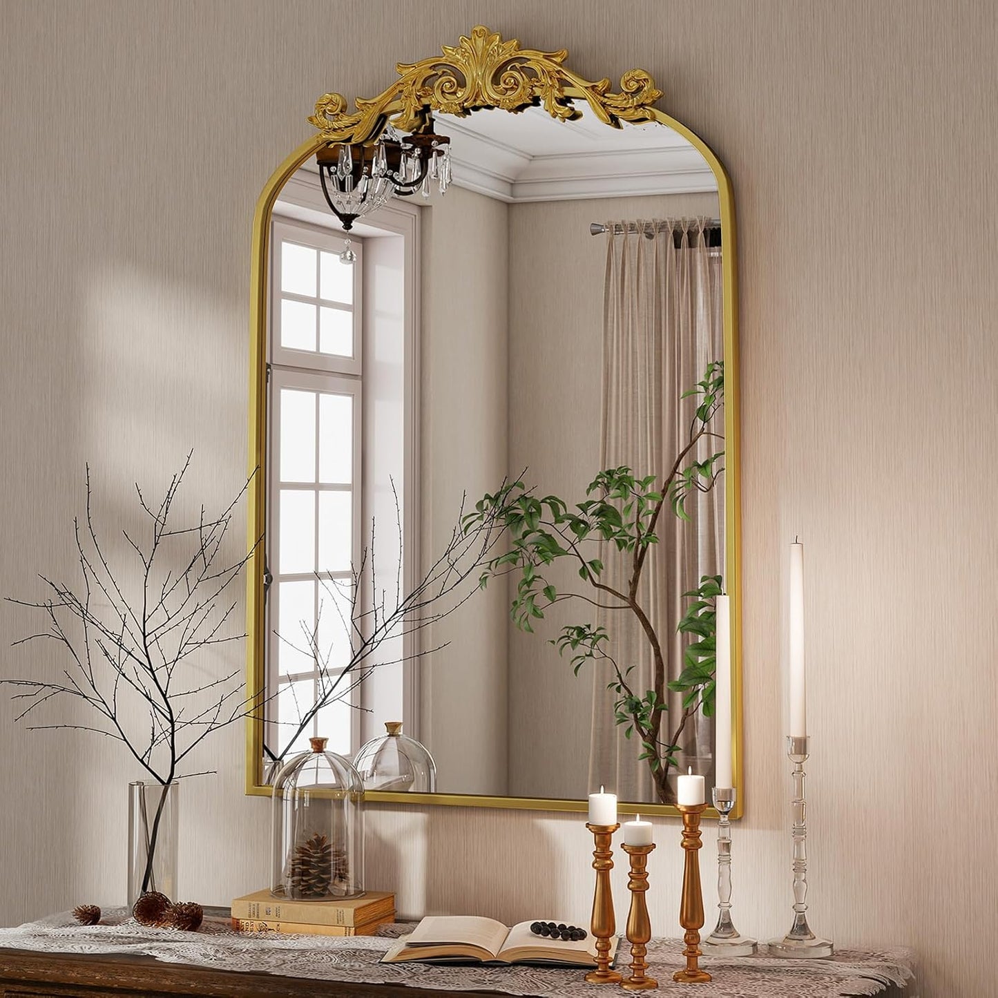 Vintage Arched Bathroom Mirror, 24x36 Inch Retro Wall Mounted Vanity Mirror with Carved Pattern Top and Metal Frame, Gold Decorative Mirror for Hanging or Leaning