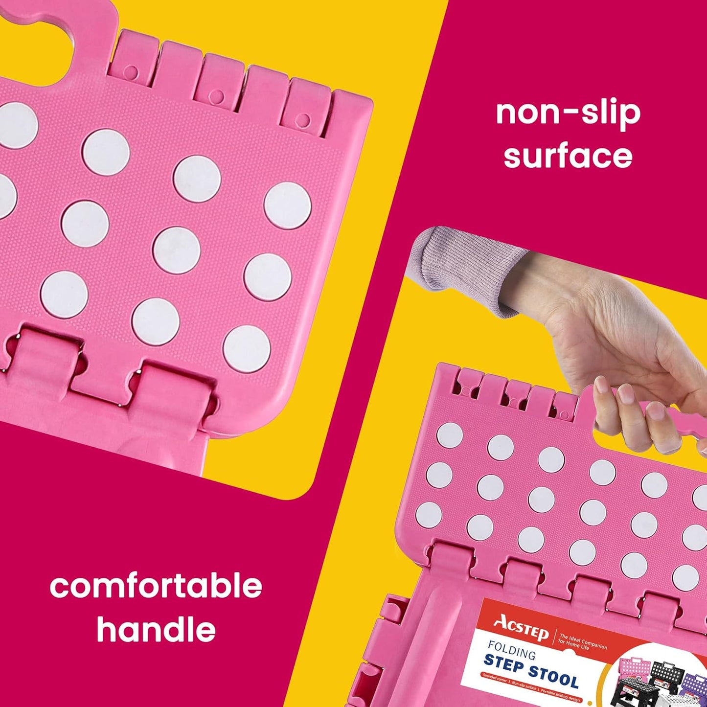 ACSTEP Folding Step Stool for Adults-11 Height Lightweight Plastic Stepping Stool. Foldable Step Stool Hold up to 300lbs Non Slip Collapsible Stool Pink