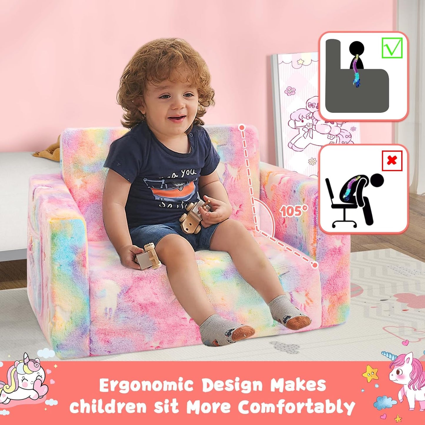 Toddler Couch,Toddler Chair,Kids Sofa Chair 2-in-1 Baby Seat Furniture Fold Out, Convertible Sofa to Lounger Soft Comfy Glow in The Dark Kids Sofa Bed Gifts for Kids Girl Boys,Unicorn