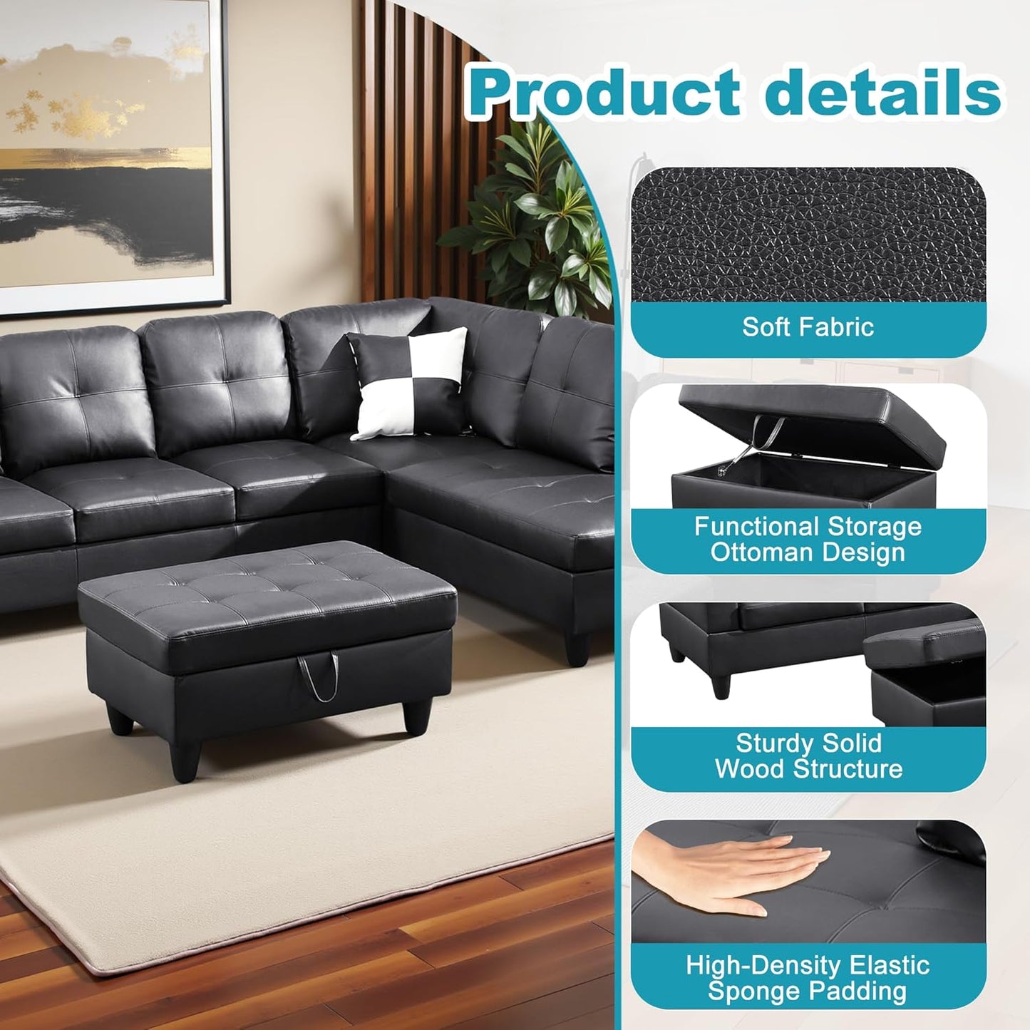 Couches for Living Room Faux Leather L Shaped Couch Comfy 3 Pieces Sectional Sofa with Chaise, Ottoman with Storage for Office and Small Apartment, Black
