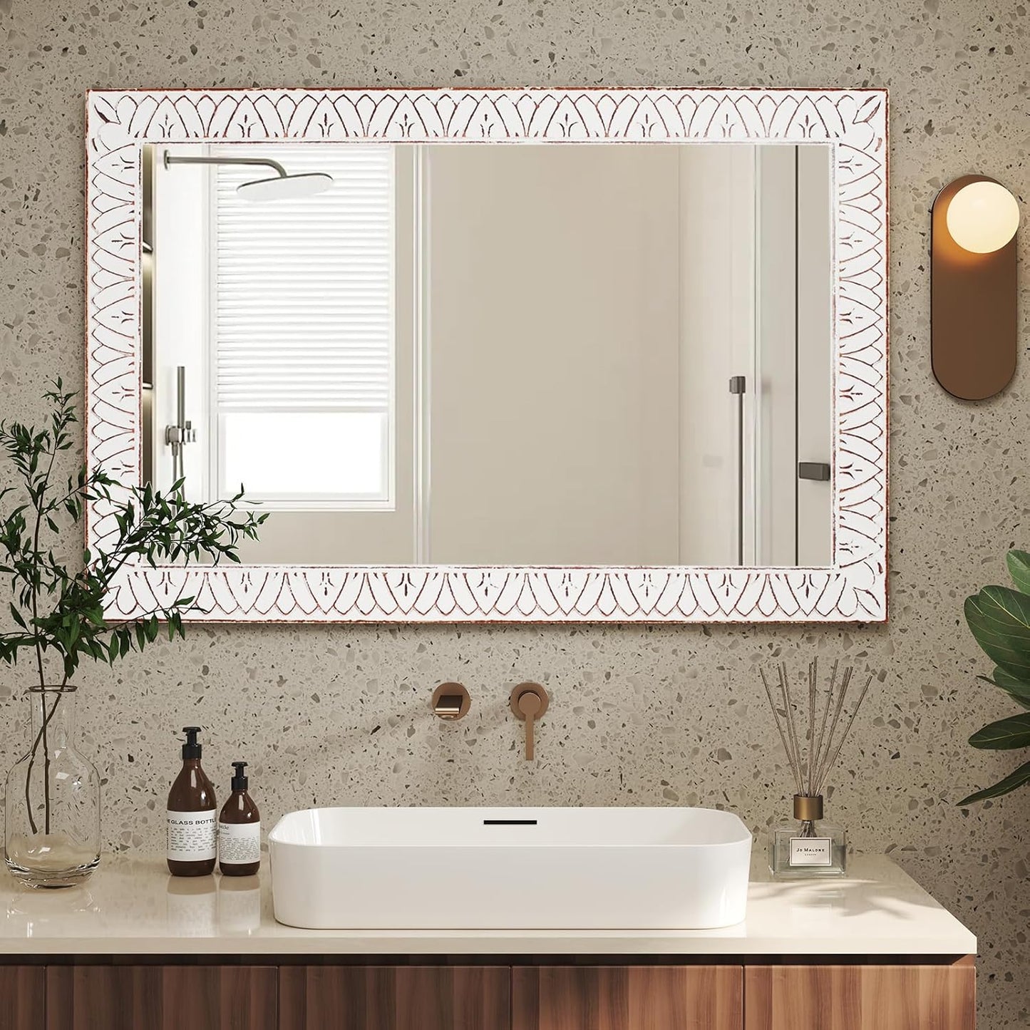 36x24 Inch Farmhouse Rectangle Wall Mirrors with Wooden Frame, Rustic Decorative Rectangular Mirror for Living Room, Bedroom, Bathroom, Entryway - Vertical/Horizontal Hanging