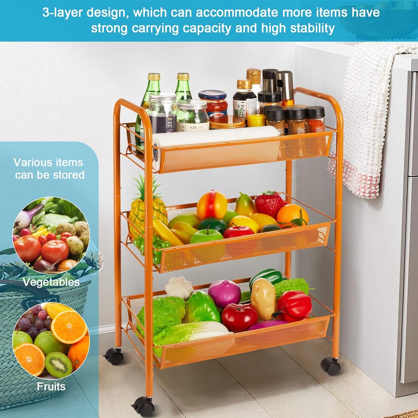 3-Tier Metal Rolling Cart, Storage Shelf with Lockable Caster Wheels, Mobile Storage Cart Used for Kitchen, Bathroom, Livingroom(Orange)