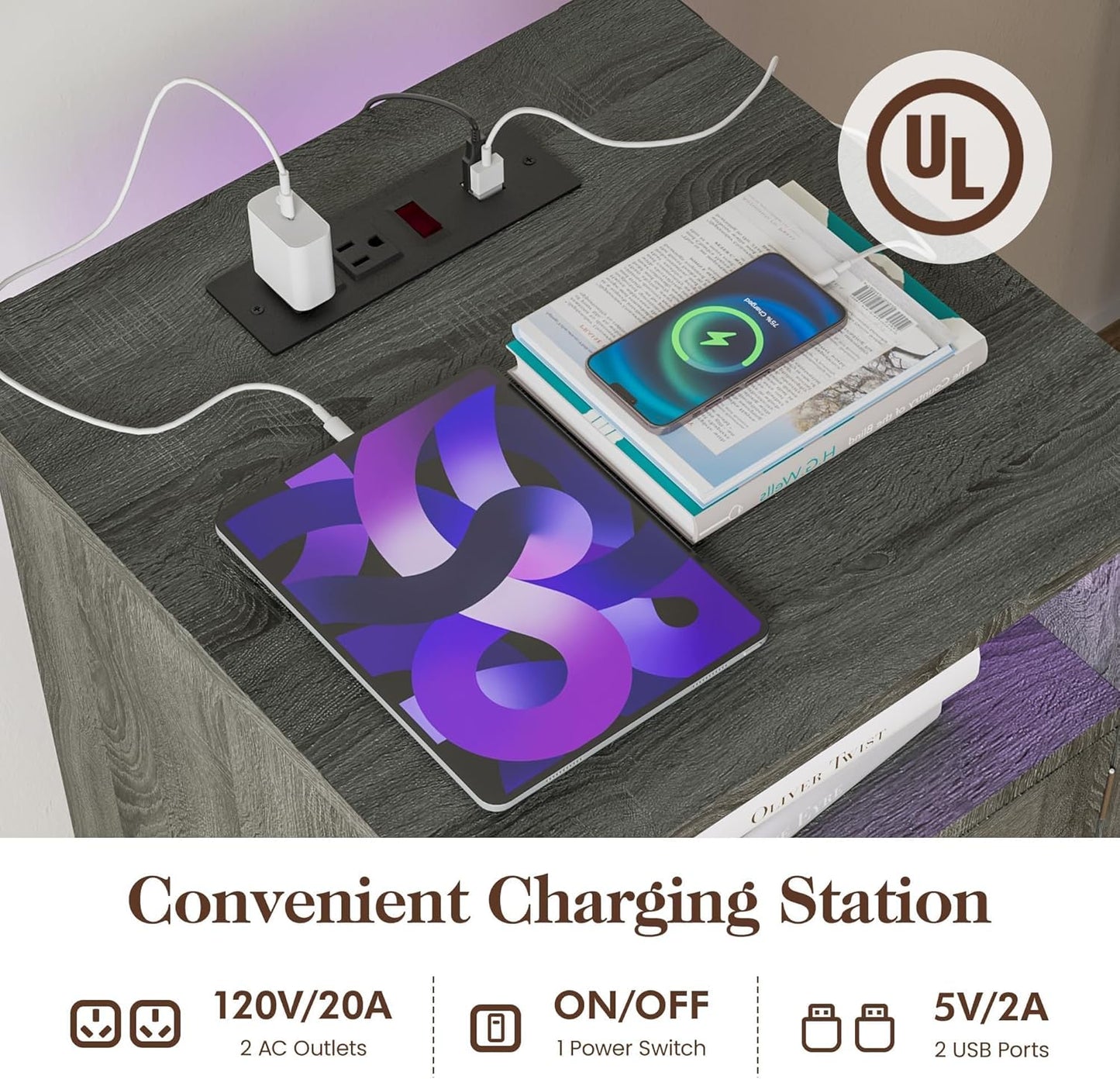 RoyalCraft Farmhouse Nightstand, Grey Night Stand with LED Lights and Charging Station, Bedside Table Set of 1 with Storage and Door, Wood End Table for Bedroom, Home Office, Dark Grey