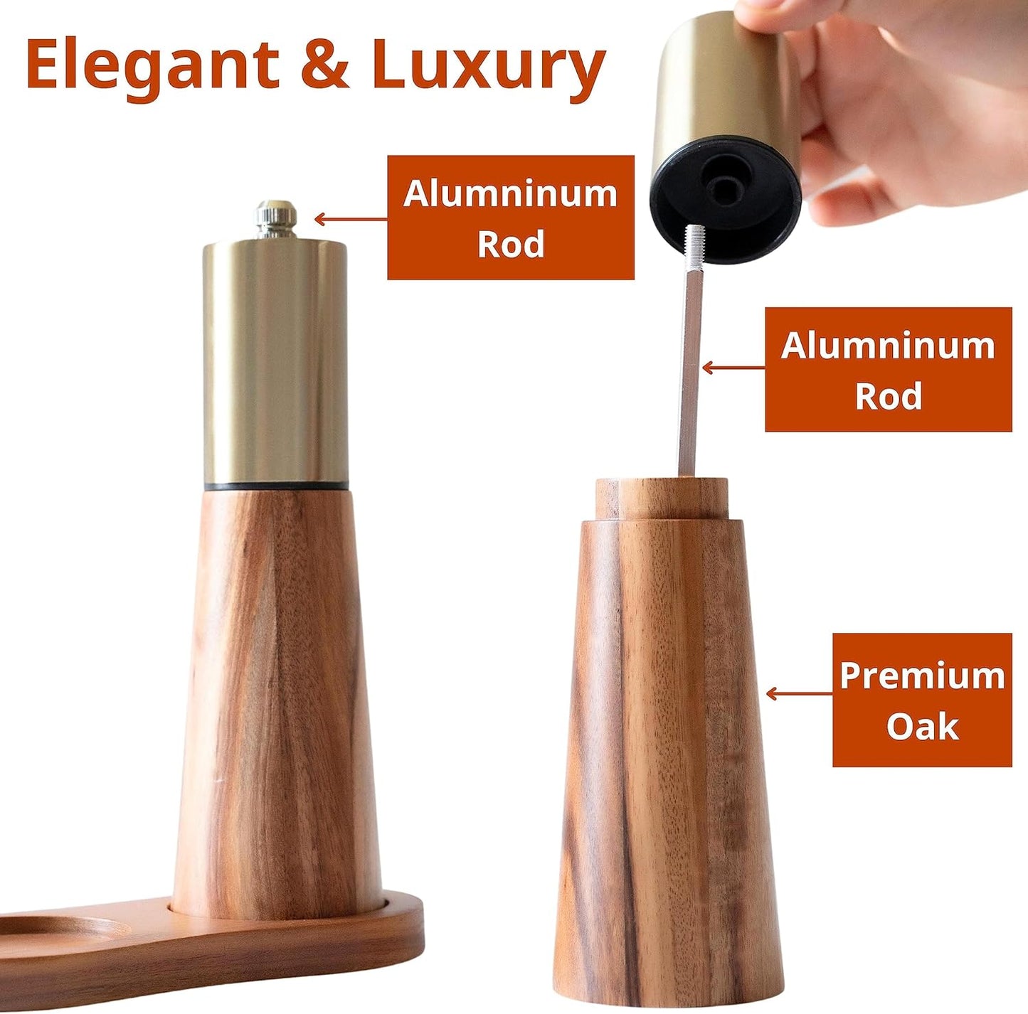Gold Salt and Pepper Grinder Mill Set With Wood Base, Free Gold Funnel,Stainless Steel Manual Salt Shaker and Pepper Mill,Adjustable Thickness,Suitable For Kitchen (Salt & Pepper Grinder)