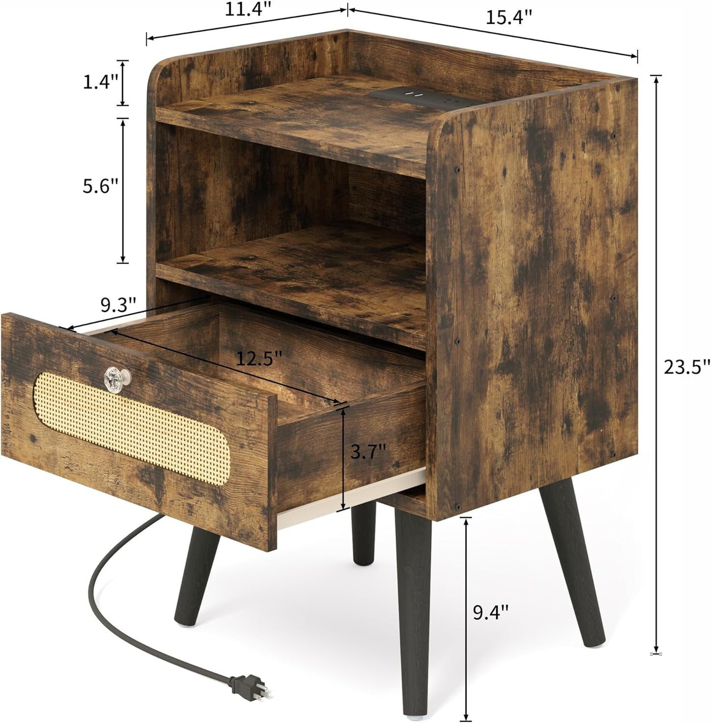 End Table with Diamond Handle, Nightstand/Bedside Table with Charging Station, Rustic Brown