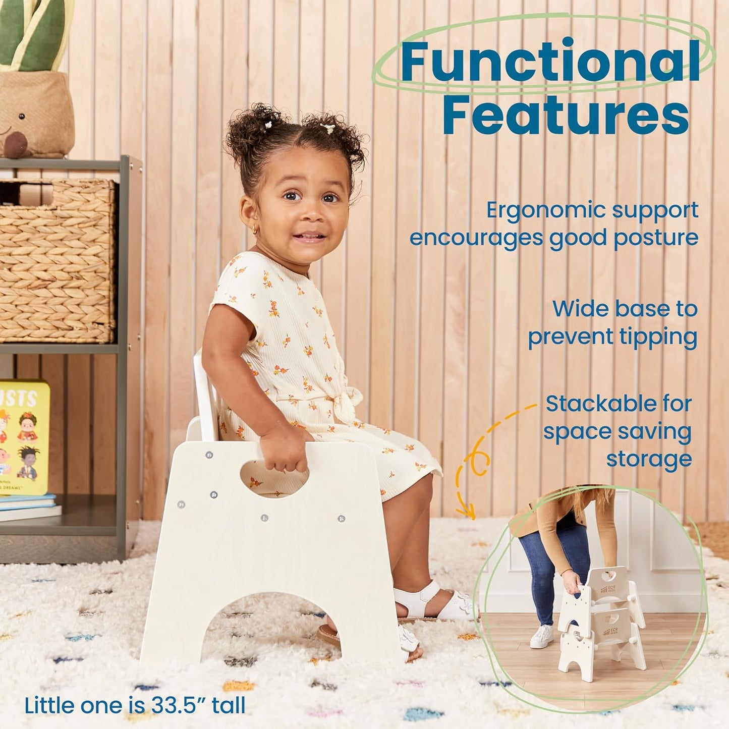 ECR4Kids Stackable Wooden Toddler Chair, 8in, Kids Furniture, White Wash, 2-Pack