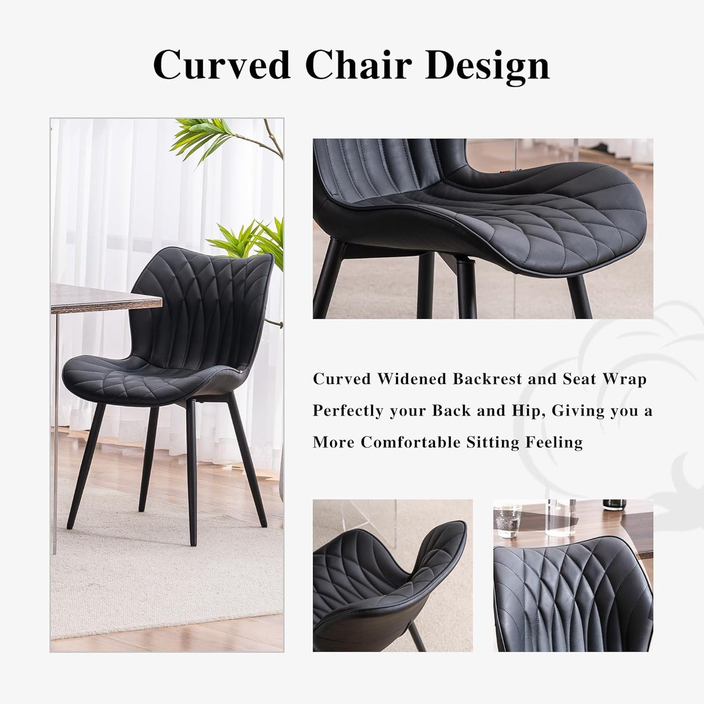 YOUNIKE Dining Chairs Set of 2, Upholstered Faux Leather Kitchen & Dining Room Chairs, Modern Living Room Bedroom Side Chairs with Wide Wing Back and Adjustable Metal Legs, Black