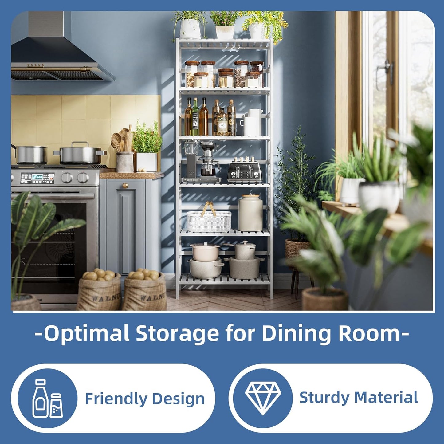 HITNET Bookshelf, 6-Tier Tall Bookcase Freestanding Bamboo Book Shelf Bathroom Storage Organizer with Adjustable Shelves, White