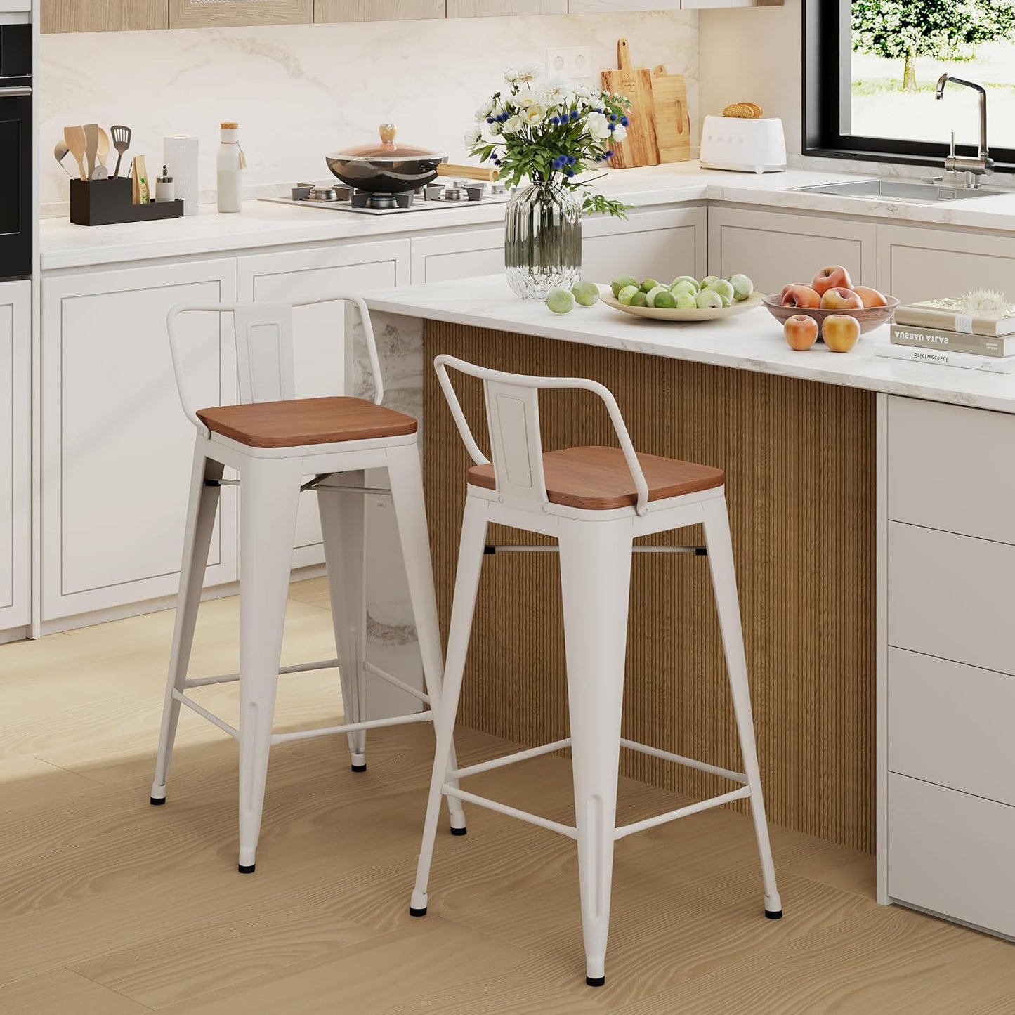 Yongchuang 24 inch Barstools Set of 2 Counter Height Bar Stools Farmhouse Kitchen Metal Bar Chairs with Wood Seat Low Back Cream White