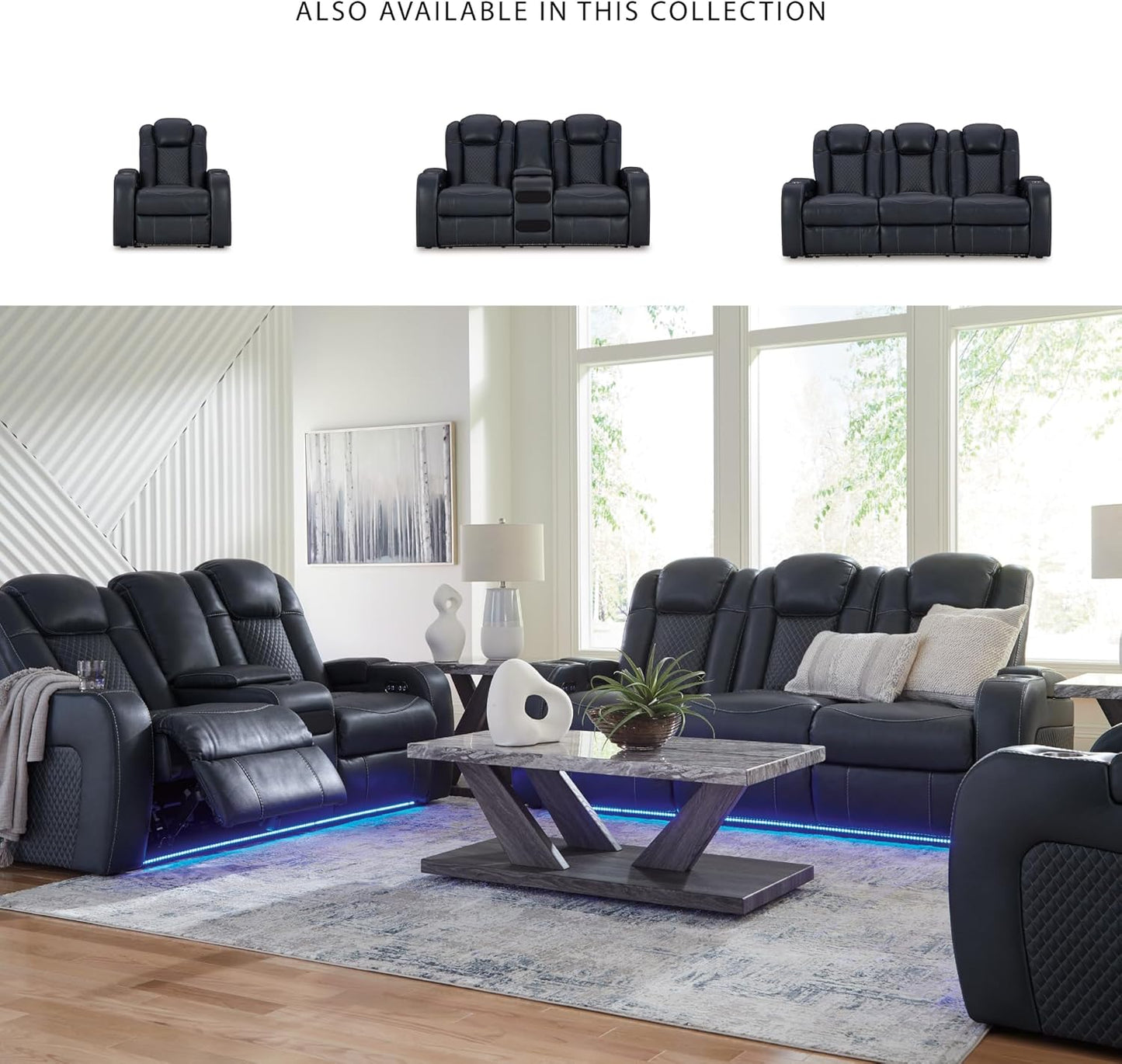 Signature Design by Ashley Fyne-Dyme Contemporary Power Reclining Loveseat with Console, USB Charging Ports and Adjustable Headrest, Blue