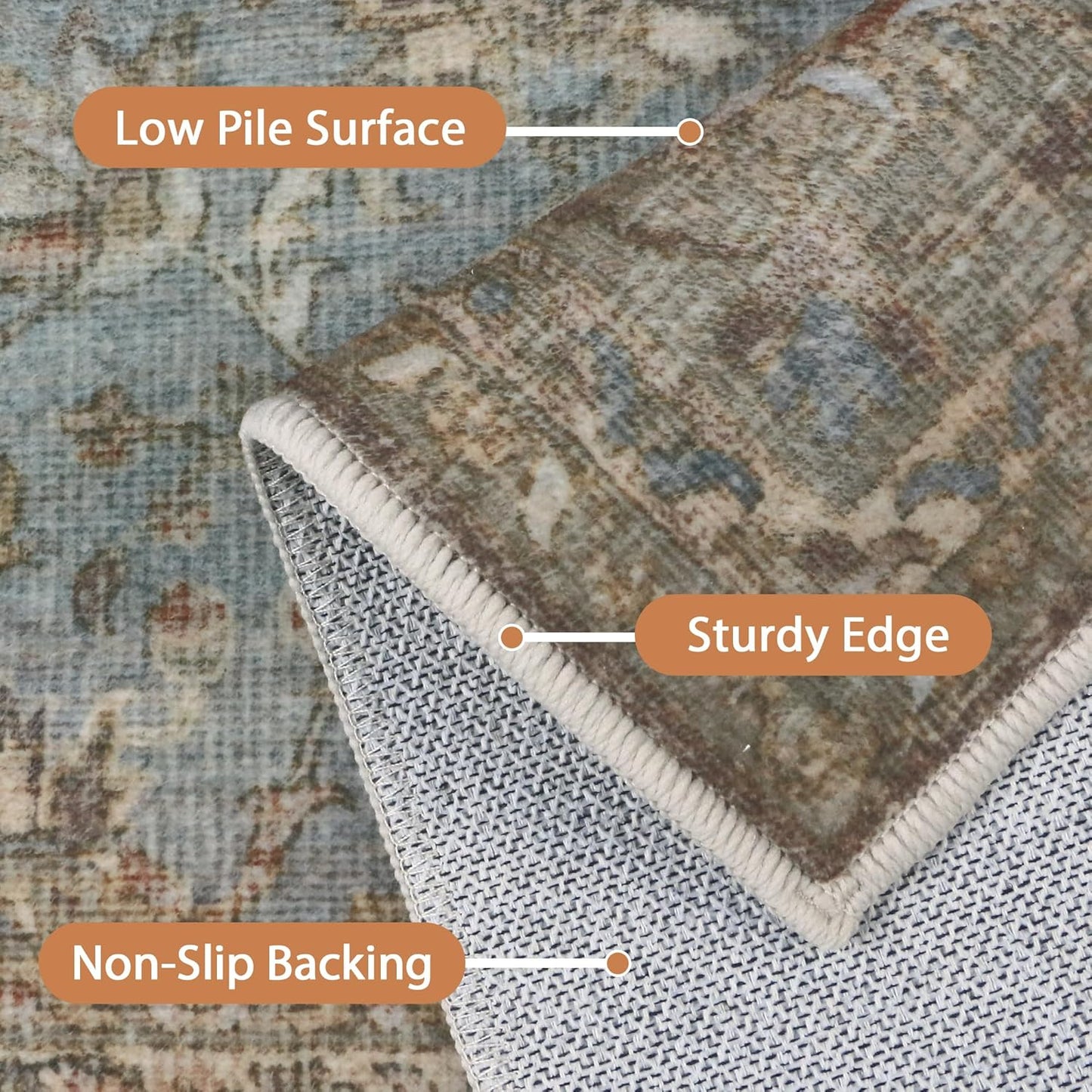 8X10 Area Rugs Machine Washable Rugs for Living Room, Vintage Boho Large Rugs for Bedroom Dining Room, Non Slip Indoor Soft Distressed Lightweight Thin Low Pile Carpet, Weathered Teal