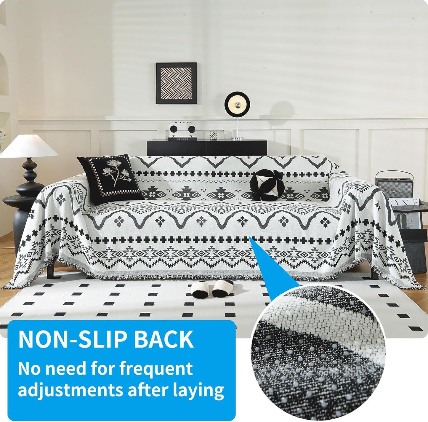 LUFEIJIASHI Boho Couch Covers for Sofa Non Slip Sofa Covers Washable Couch Covers for 3 Cushion Couch Sofa Pet Friendly Sectional Couch Cover Blanket Furniture Protector for Dogs (Black, 71"x118")