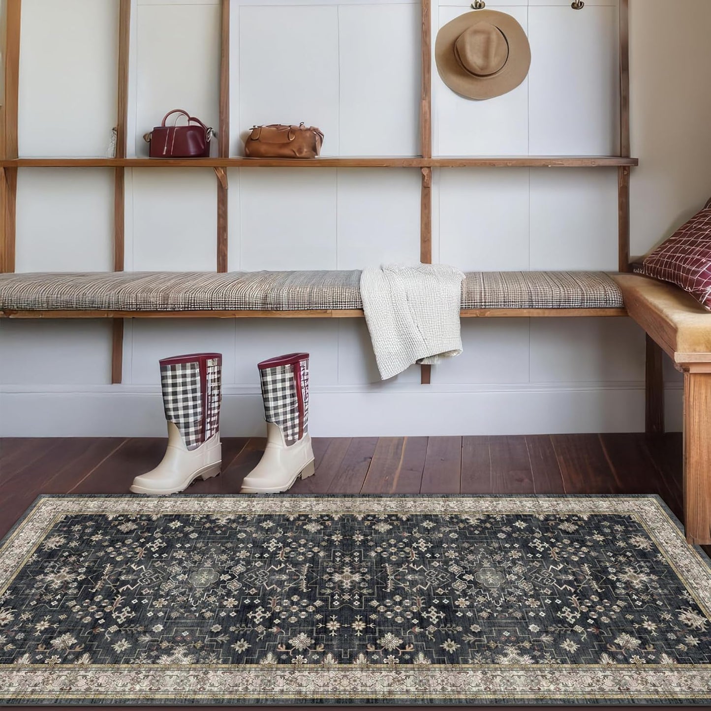 Black Entryway 2x5 Runner Rug, Small Throw Runners for Kitchen Bedroom Bathroom Laundry Room, Vintage Floral Decor & Non-Slip Low-Pile Washable Stain Resistant, Dark Ashen Charcoal