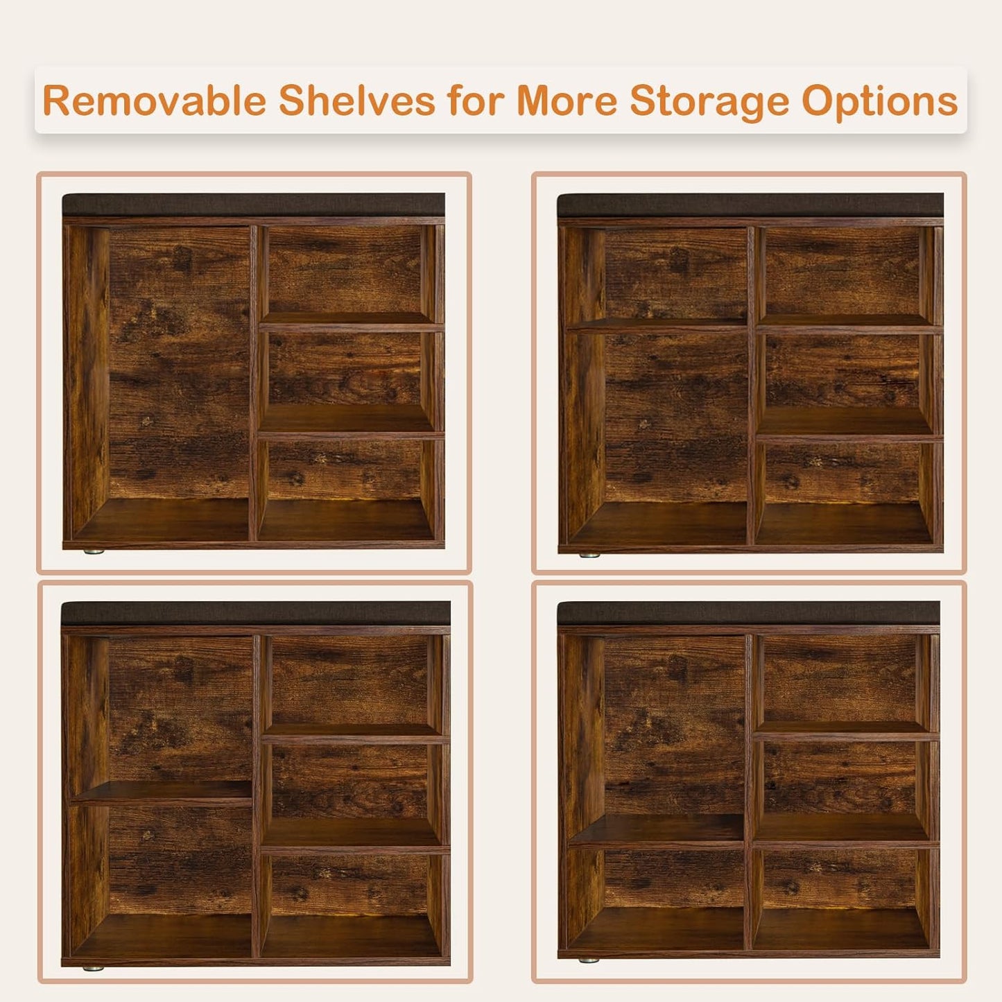 DINZI LVJ Shoe Bench, Entryway Storage Bench with Drawer and 11 Cubbies, Cubby Shoe Rack with Adjustable Shelves, Shoe Organizer Cabinet for Living Room, Mudroom, Closet and Garage, Rustic Brown