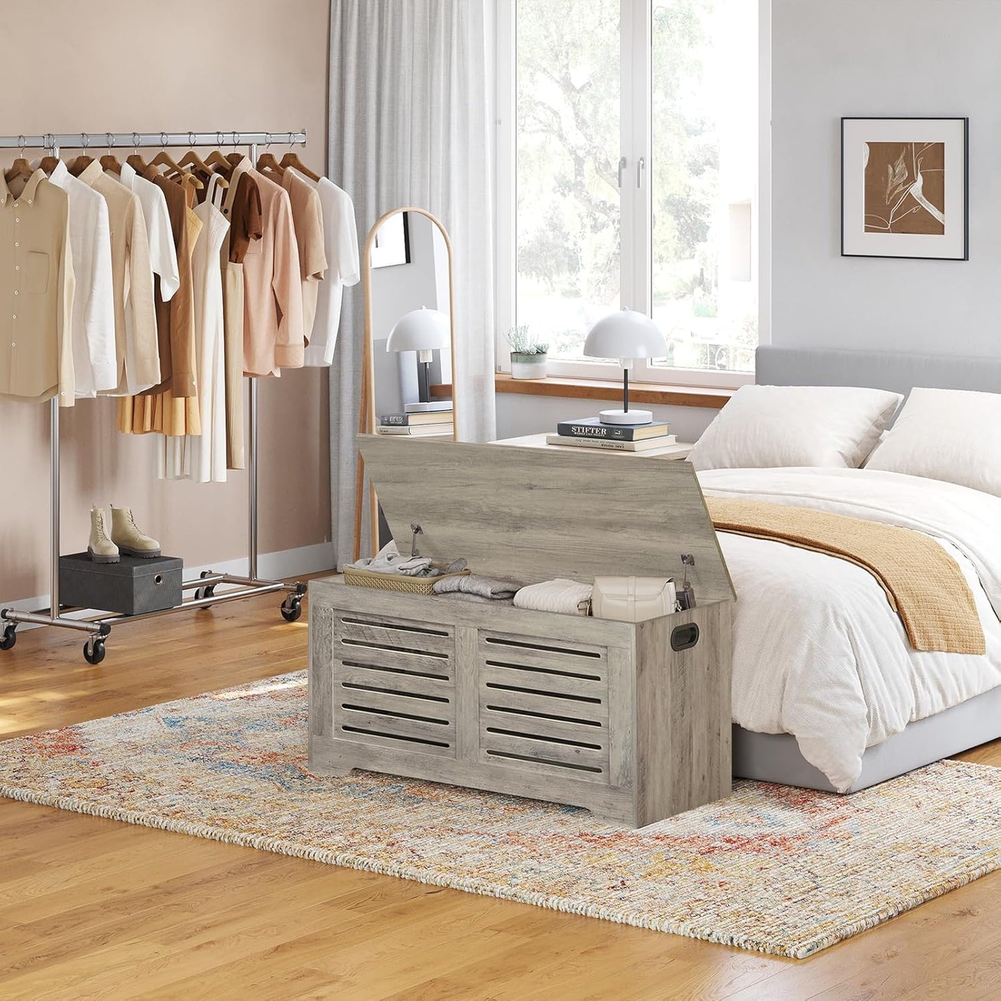 DINZI LVJ Storage Chest, 43.3” Wooden Toy Box with 2 Safety Hinges, Retro Entryway Shoe Storage Bench with Flip-Top, Sturdy Large Storage Trunk for Living Room, Bedroom, Easy Assembly, Gray Wash